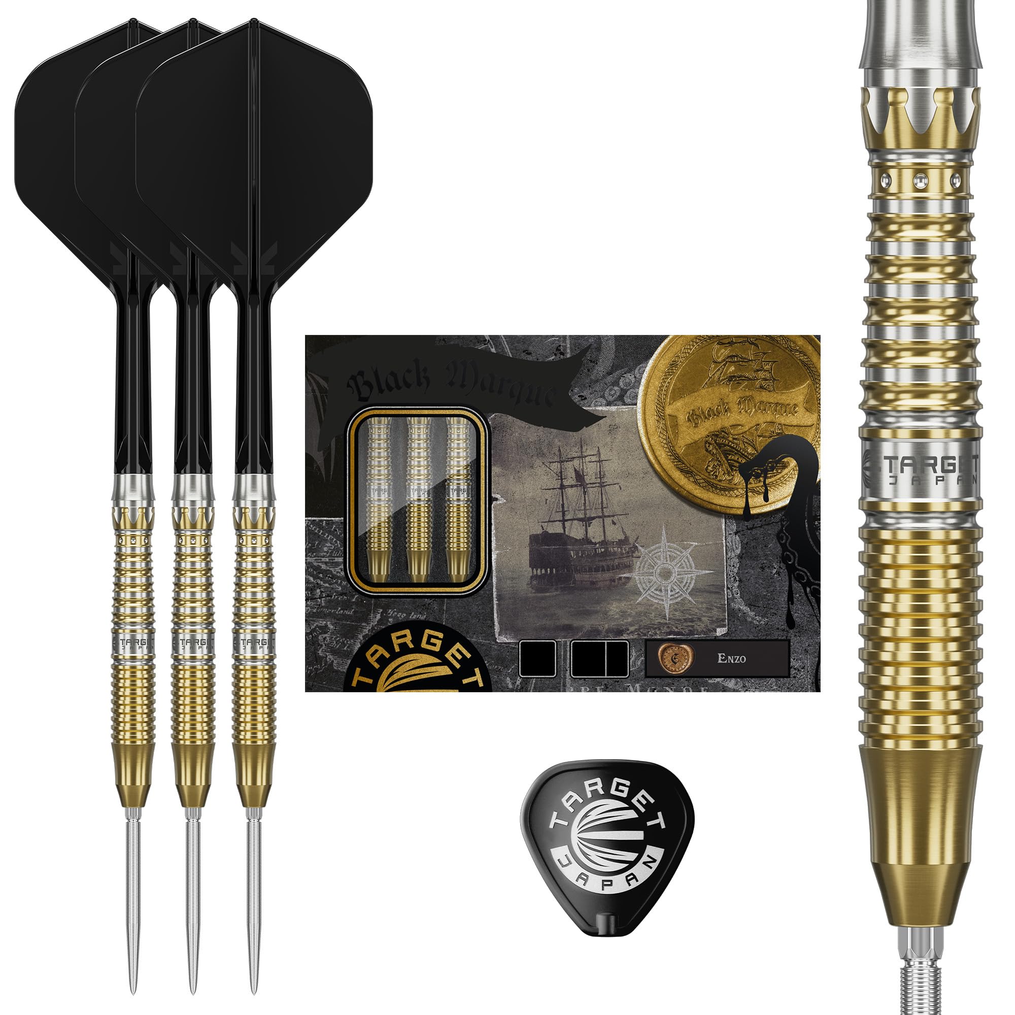 Target Japan Black Marque Enzo Steel Tip Darts with Kflex, 22G | 90% Tungsten Dart Set, K-Flex Flights and Shafts No.2, Swiss Nano Point Tips, Enzo Liao