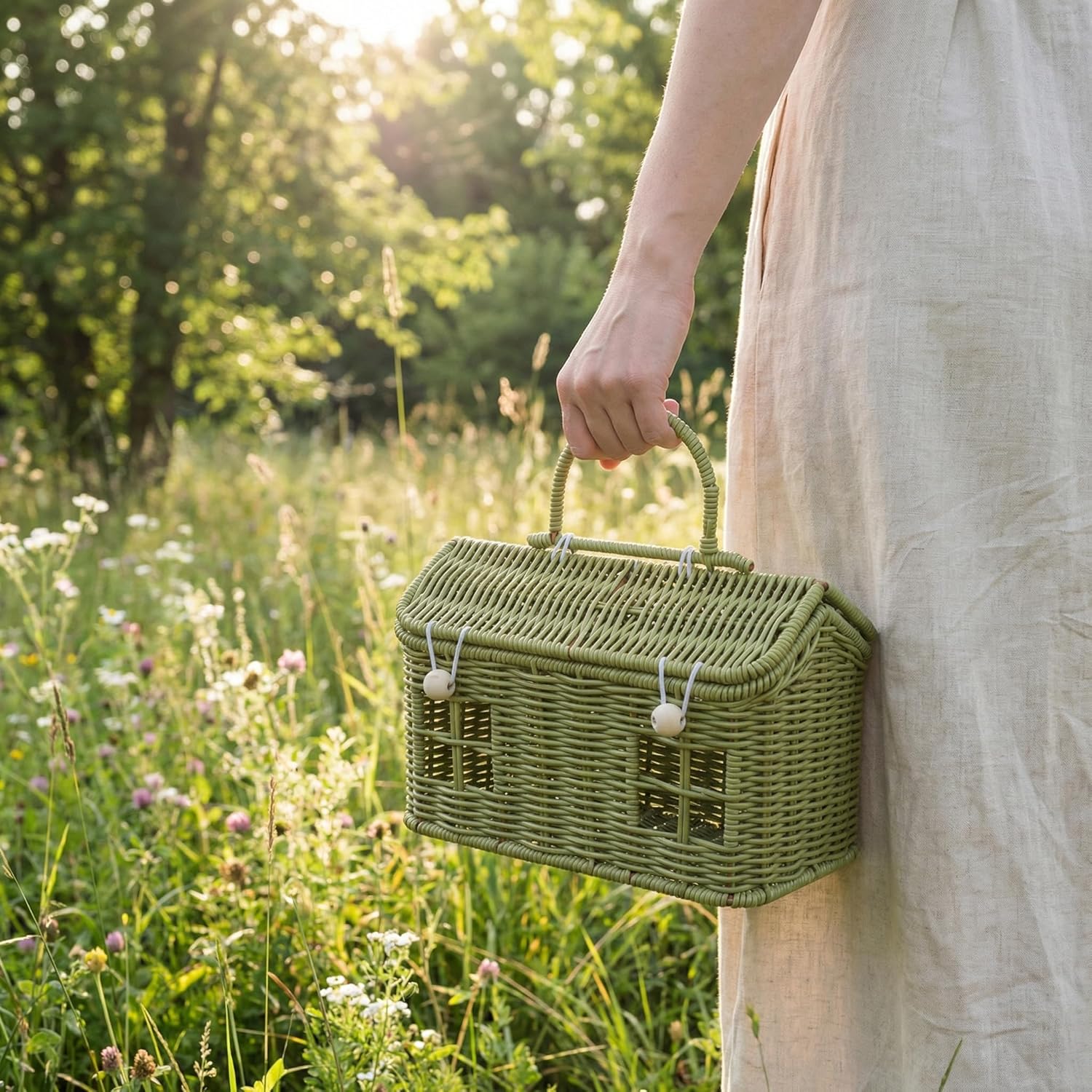 TOYANDONA Easter Woven Picnic Basket with Lid – House-Shaped Basket Imitation Rattan Retro Handwoven Storage Organizer for Outdoor Picnics, Home Decor & Wedding Lightweight and Portable