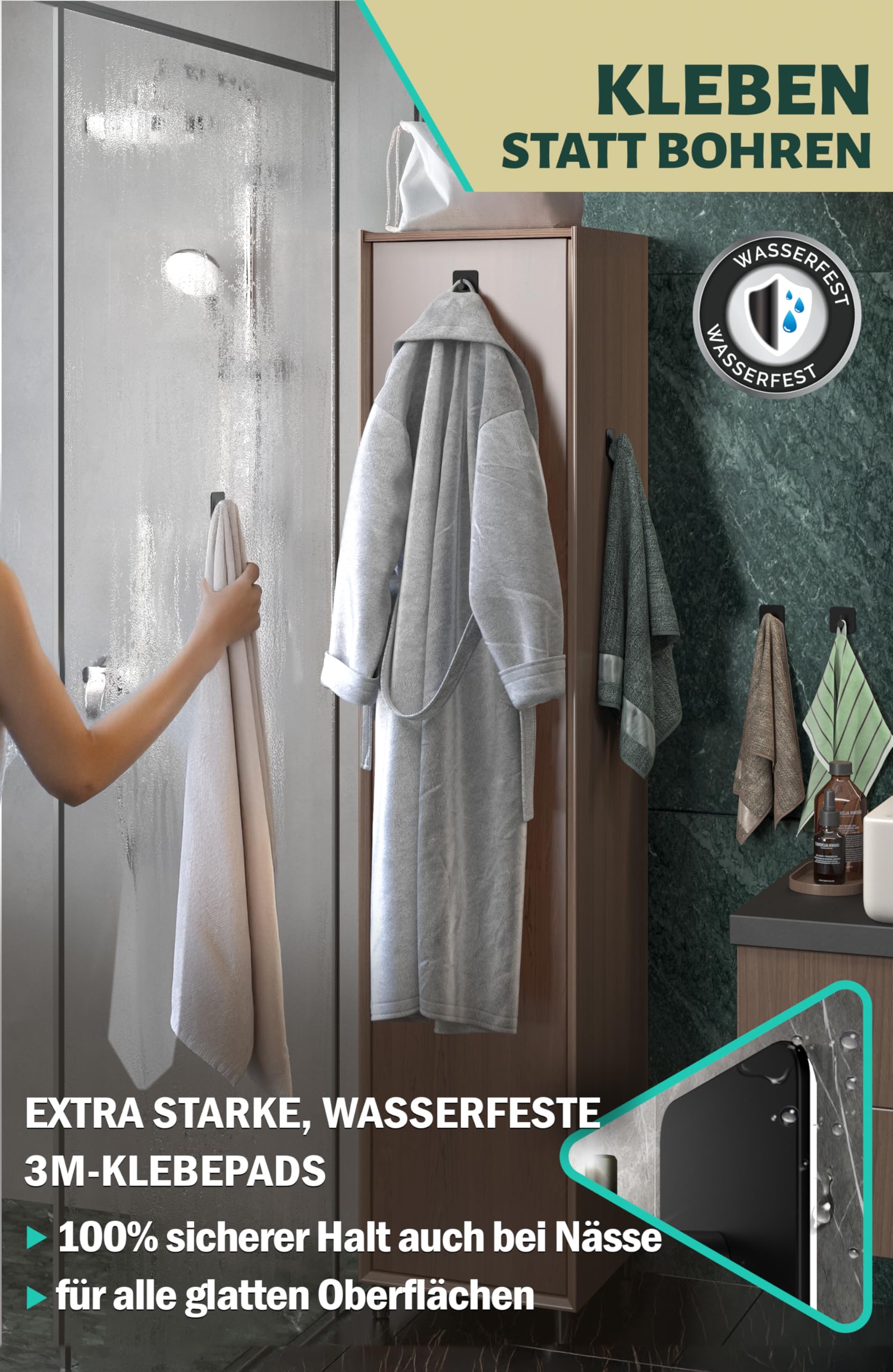 4smile Handdoekhouder zonder boren, set van 6, zwart, badkamerhanddoekhouder van roestvrij staal, moderne kleefhaken, hoge draagkracht, waterdichte haak voor badkamer, zelfklevende haken, handdoekhaak