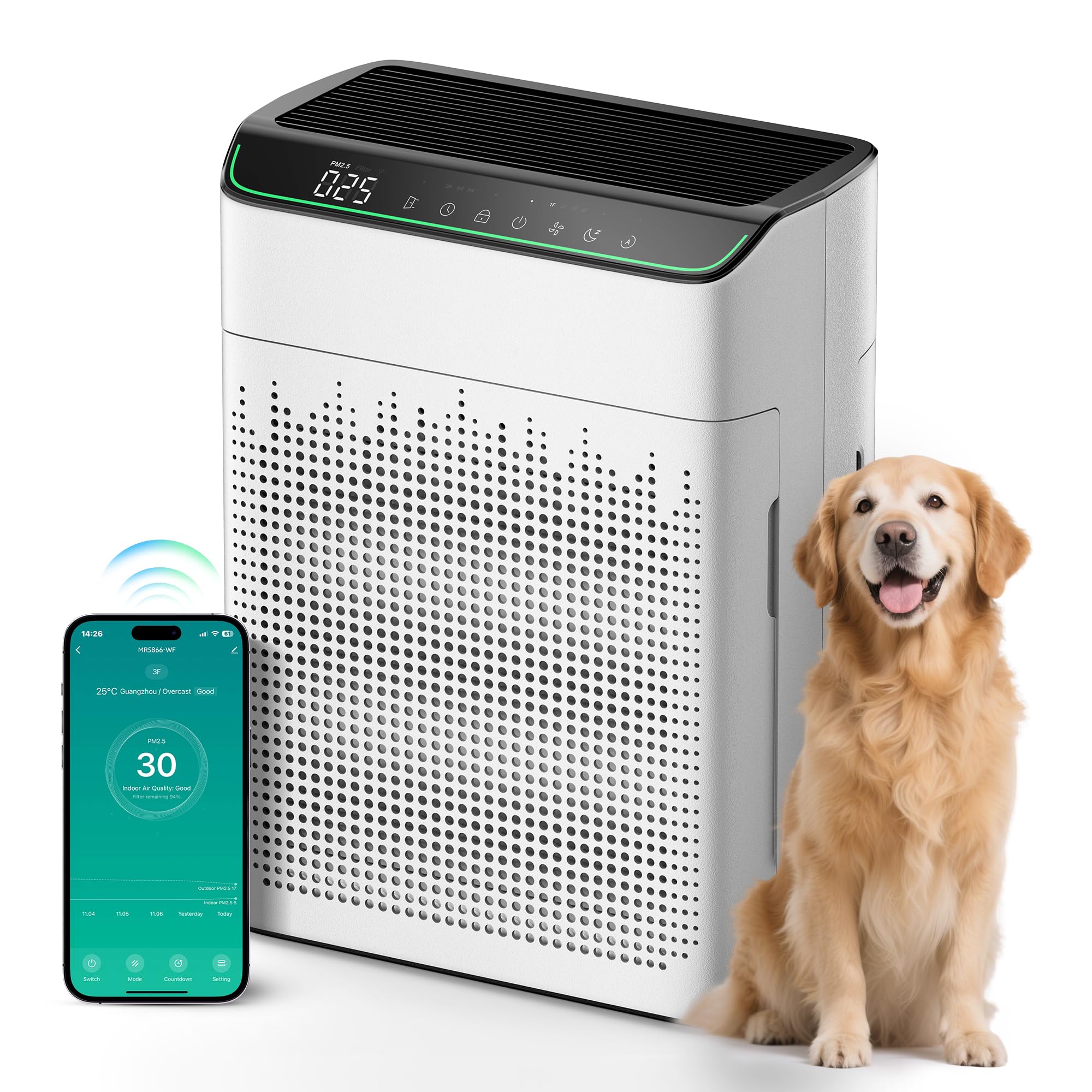 MERONTE Luftreiniger Allergiker für Wohnung Raucherzimmer, Air purifier, CADR 340m³/h für 157㎡ Raucherzimmer, PM 2,5 Luftqualitätsmonitor, WiFi- und Alexa-kompatibel, 1 Pack + 4 Modi