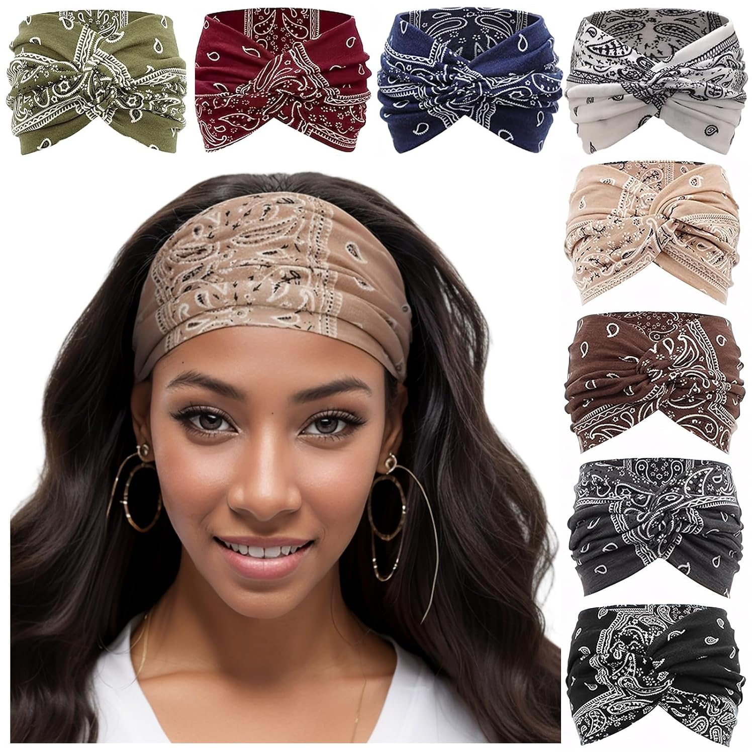 Headbands for Women Non Slip Cross Yoga Headhand Bandana Paisley Wide Head Bands African Head Wraps Workout Hair Wrap Accessories 8 Pack