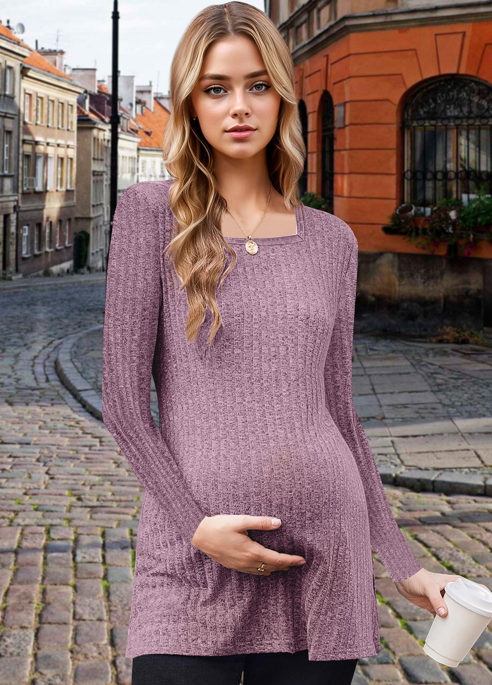 tiorhooe Haut de maternité en tricot à manches longues pour femme - Haut d'allaitement - Col carré - Vêtements de maternité