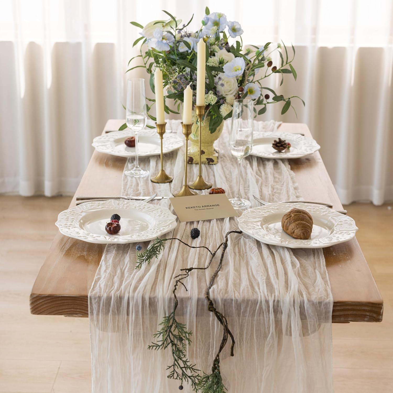 Keketoarrange White Ivory Table Runner Sheer Table Runner French Country Decor Rustic Gauze Bali Yarn Cheesecloth 120 Inch 10 FT Cheese Cloth for Wedding Baby Bridal Shower Party Home Decorations - Image 3