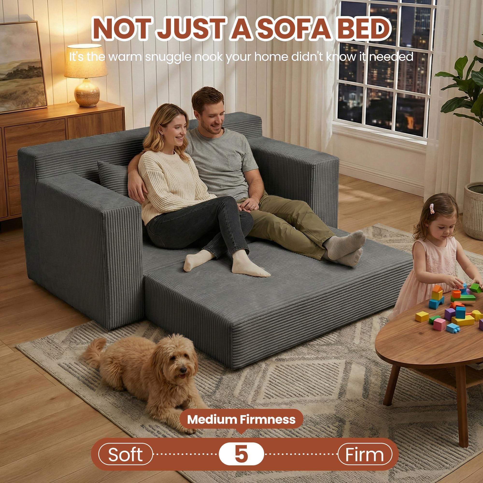56" Boneless Couch, 5-in-1 Boneless Loveseat Sleeper Sofa Bed, Mini Convertible Pull Out Corduroy Futon Couch with Side Pockets & Handle, Folding Floor Sofa Bed with 4 Pillows for Small Space