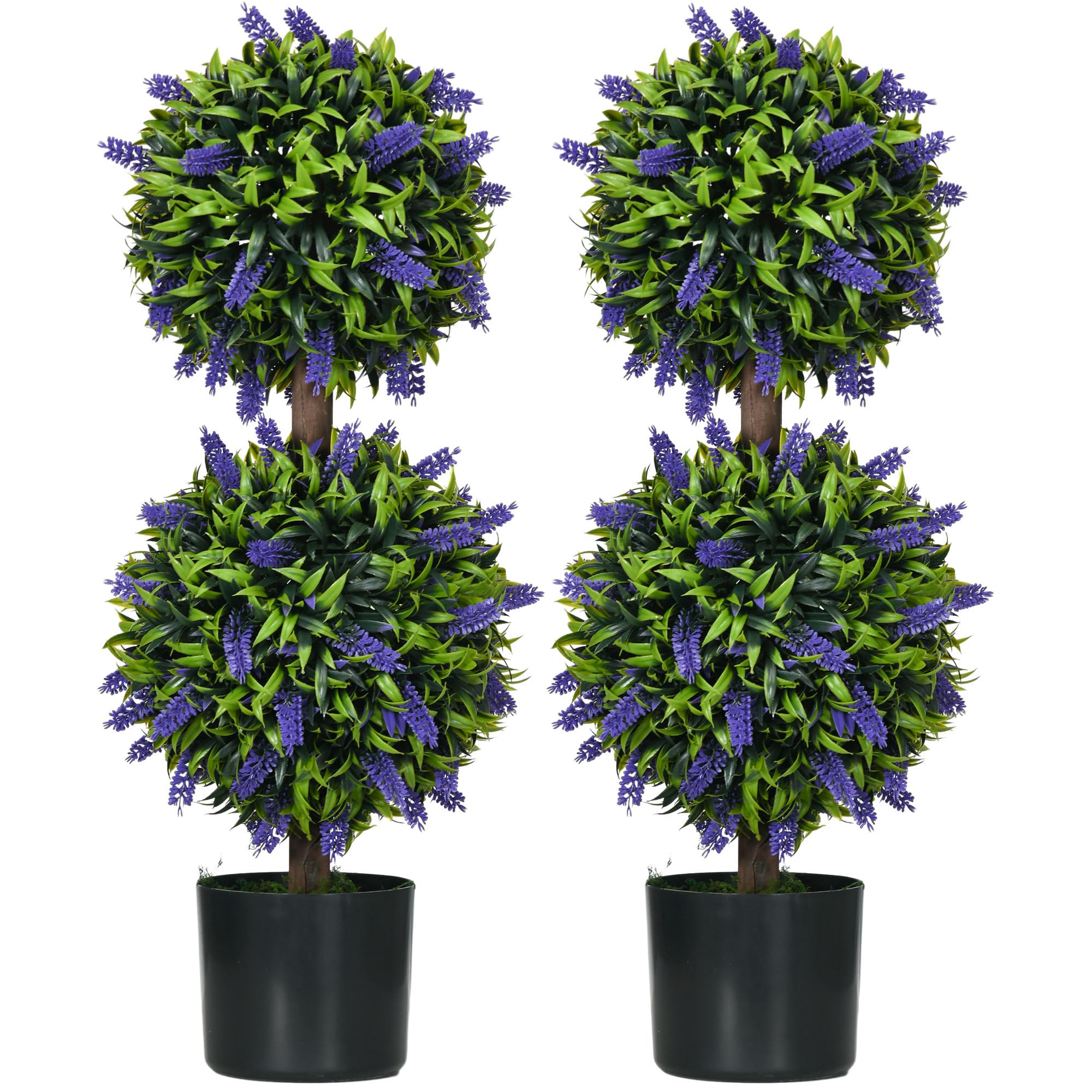 Homcom Unisex Green Set Of 2 Potted Artificial Plants Ball Tree With Lavender Flowers, 70Cm In