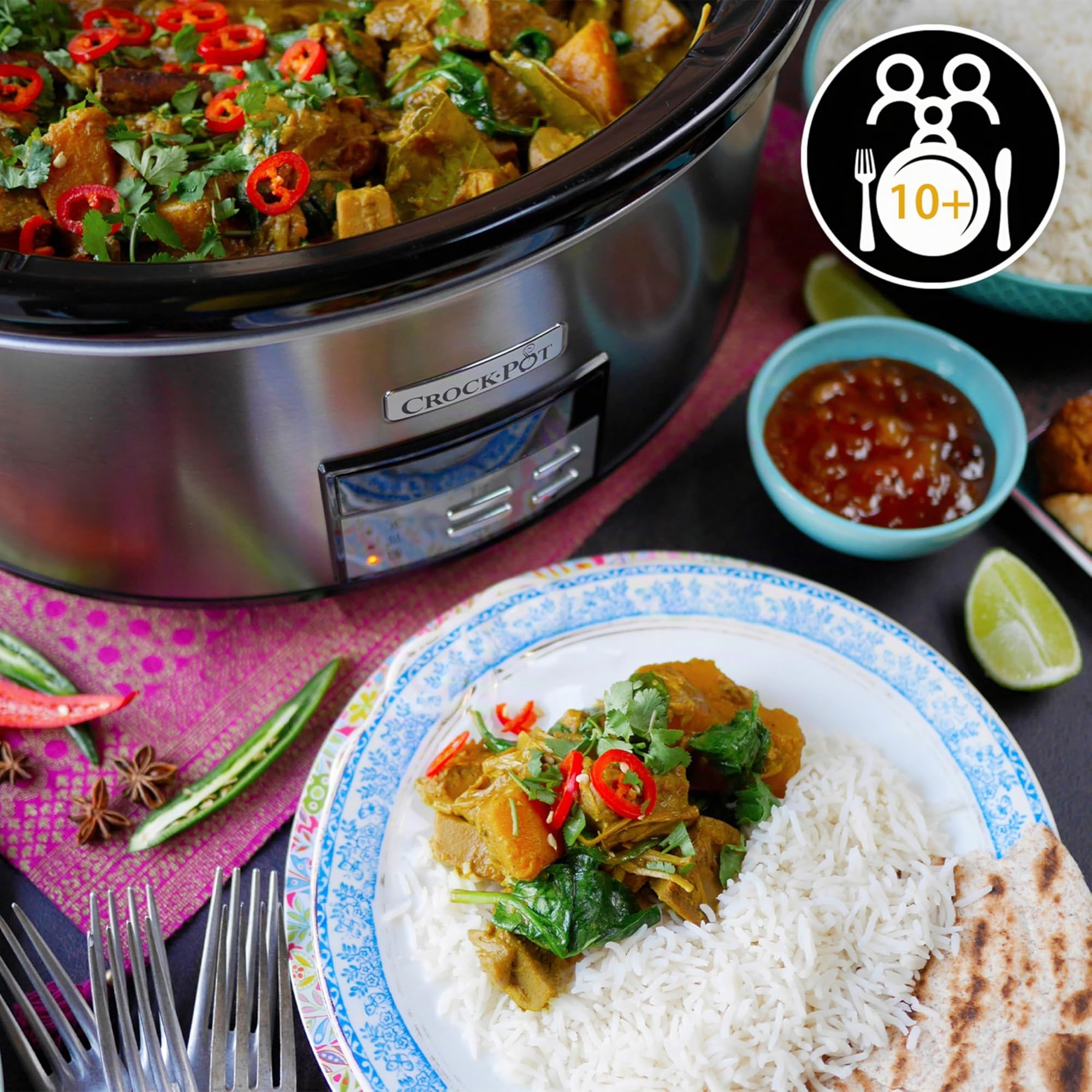Crockpot Mijoteuse numérique | 7,5 l (10+ personnes) | avec cocotte compatible four | Compatible lave-vaisselle | Acier inoxydable [CSC063X]