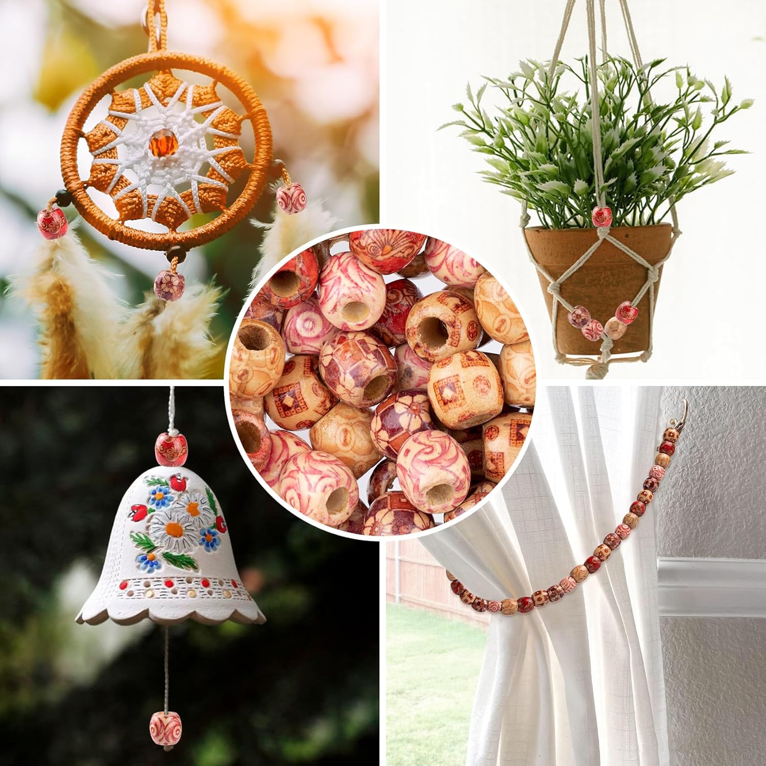 50pcs Wooden Beads for Crafts, Round Large Hole Natural Wood Hair Bead, Vintage Wooden Spacer Beads for Macrame Necklace Bracelet DIY Craft Handmade Decor - Image 7