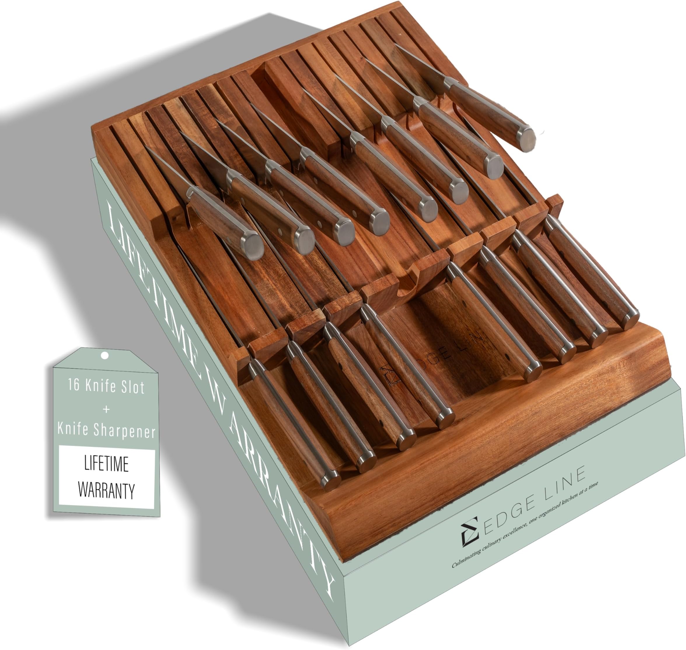 EDGE LINE Acacia Wood Knife Drawer Organizer 16 +1 Knife