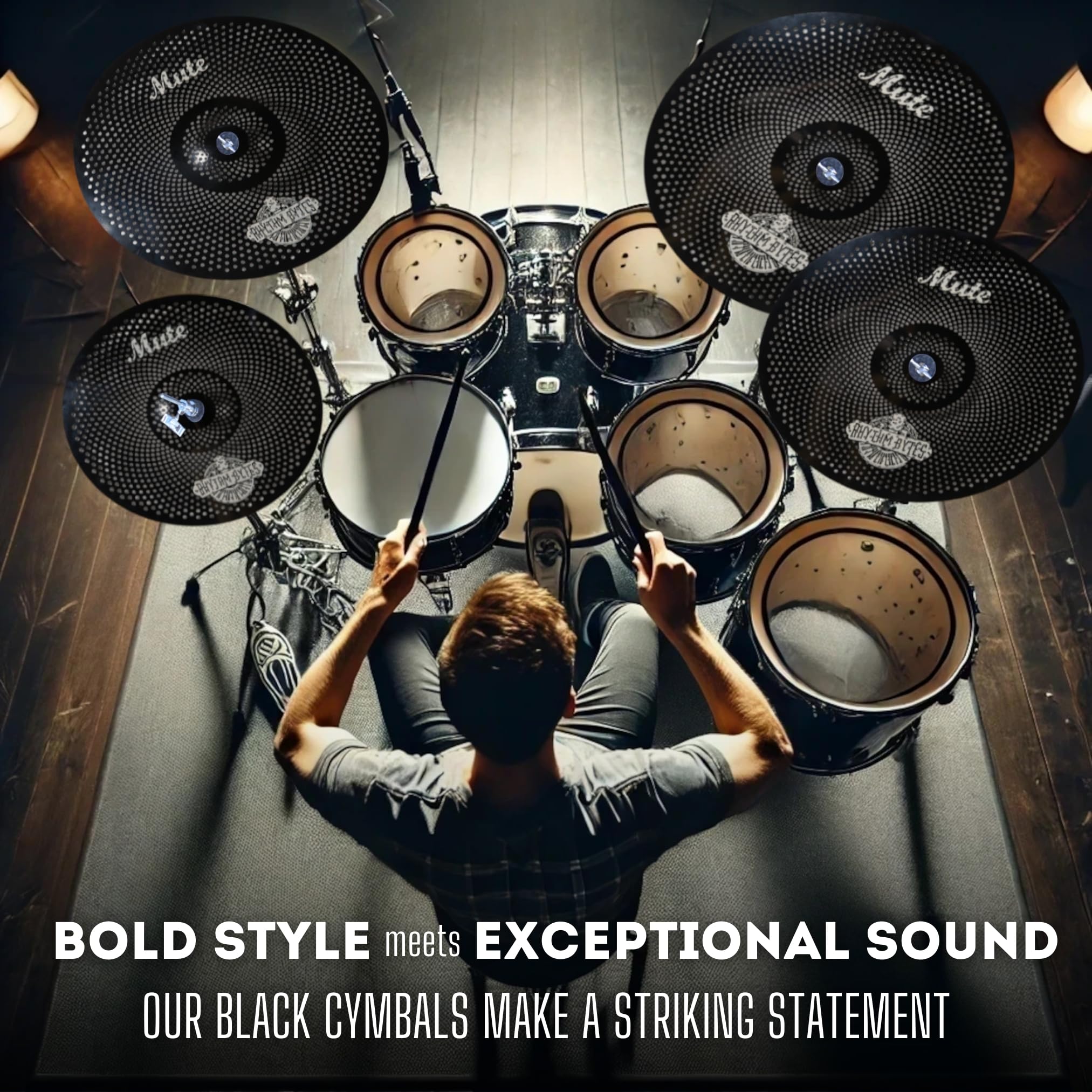 Rhythm Bytes Becken mit geringer Lautstärke, 5-teiliges leises Becken-Set für Trommeln: 35,6 cm Hi-Hats, 40,6 cm und 45,7 cm Crash Becken, 50,8 cm Ride Becken. Toll zum Üben und Proben. Schwarz