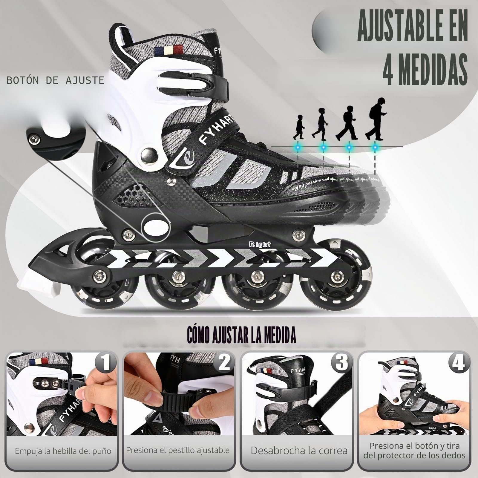 Patines en línea Ajustables para niños y niñas, Patines en línea de 4 Ruedas para Adolescentes y Adultos con Ruedas Luminosas para Deporte, Negro y Blanco