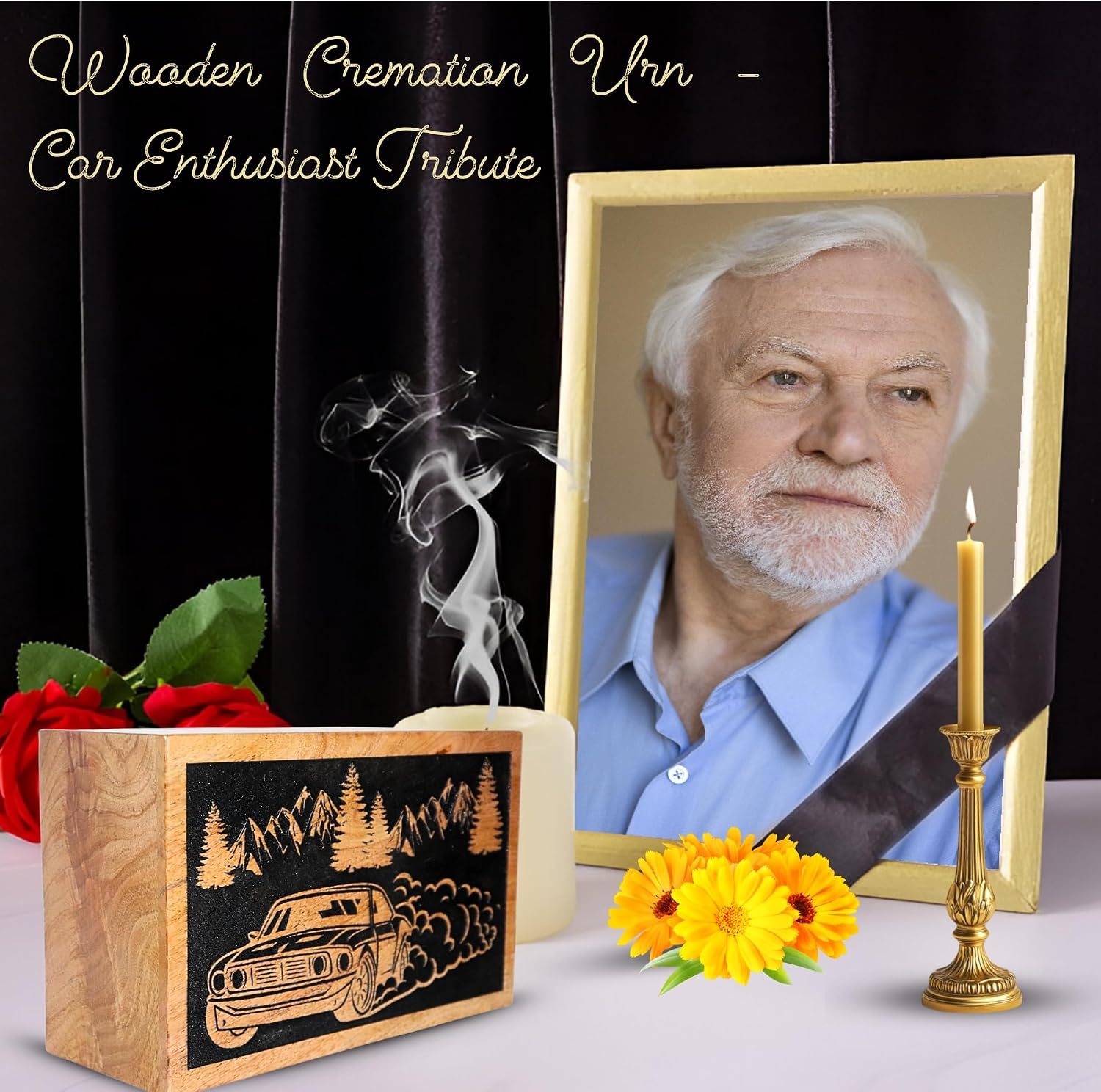 Handcrafted Car Wooden Urns for Human Ashes Adult Large - Rising Sun Mountain Cremation Urn for Ashes - Burial Urn for Columbarium - Funeral Urn Box (Medium 9X5.5X4.5)