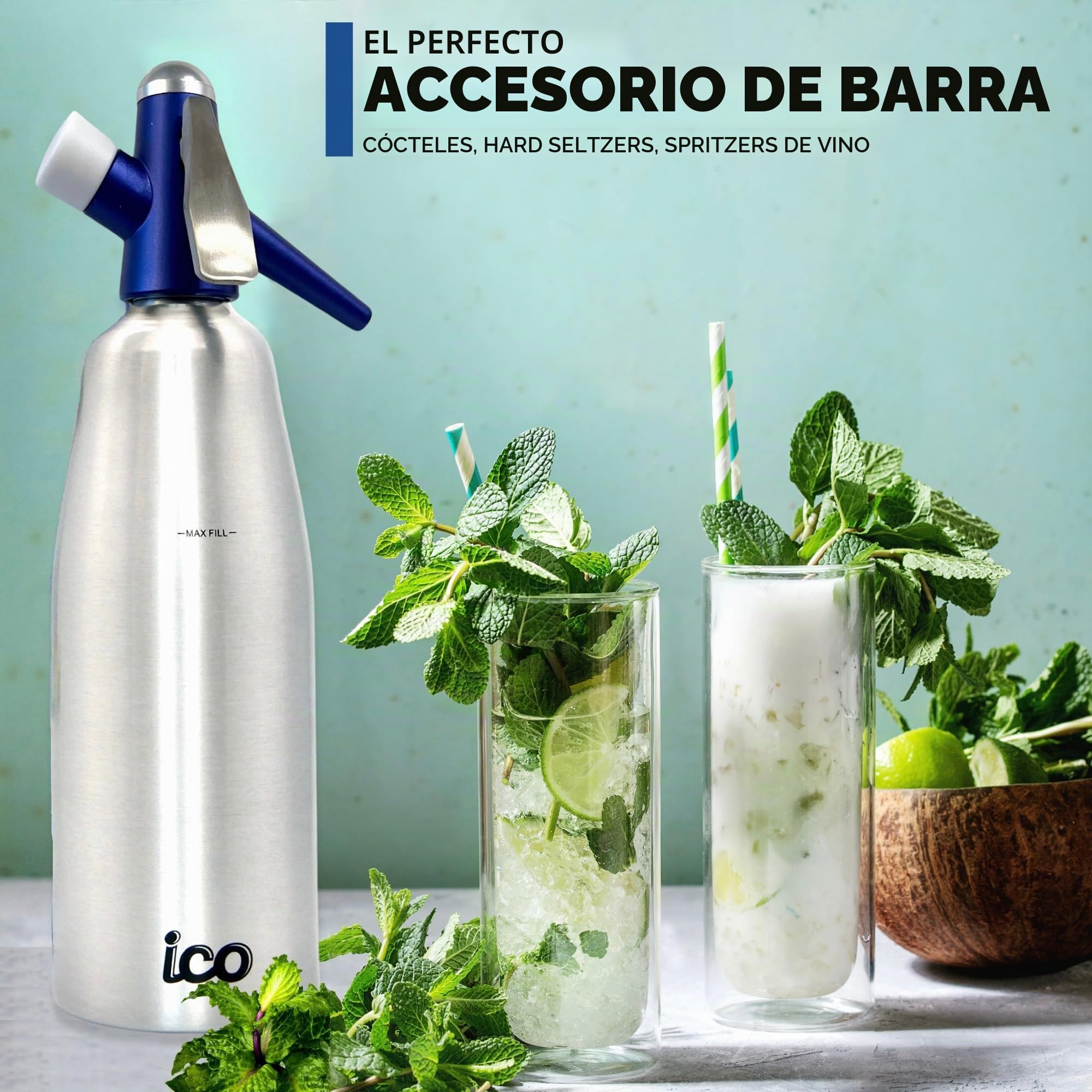 Sifón profesional de soda y agua con gas (1 litro), con libro ilustrado de recetas de cócteles (idioma español no garantizado)