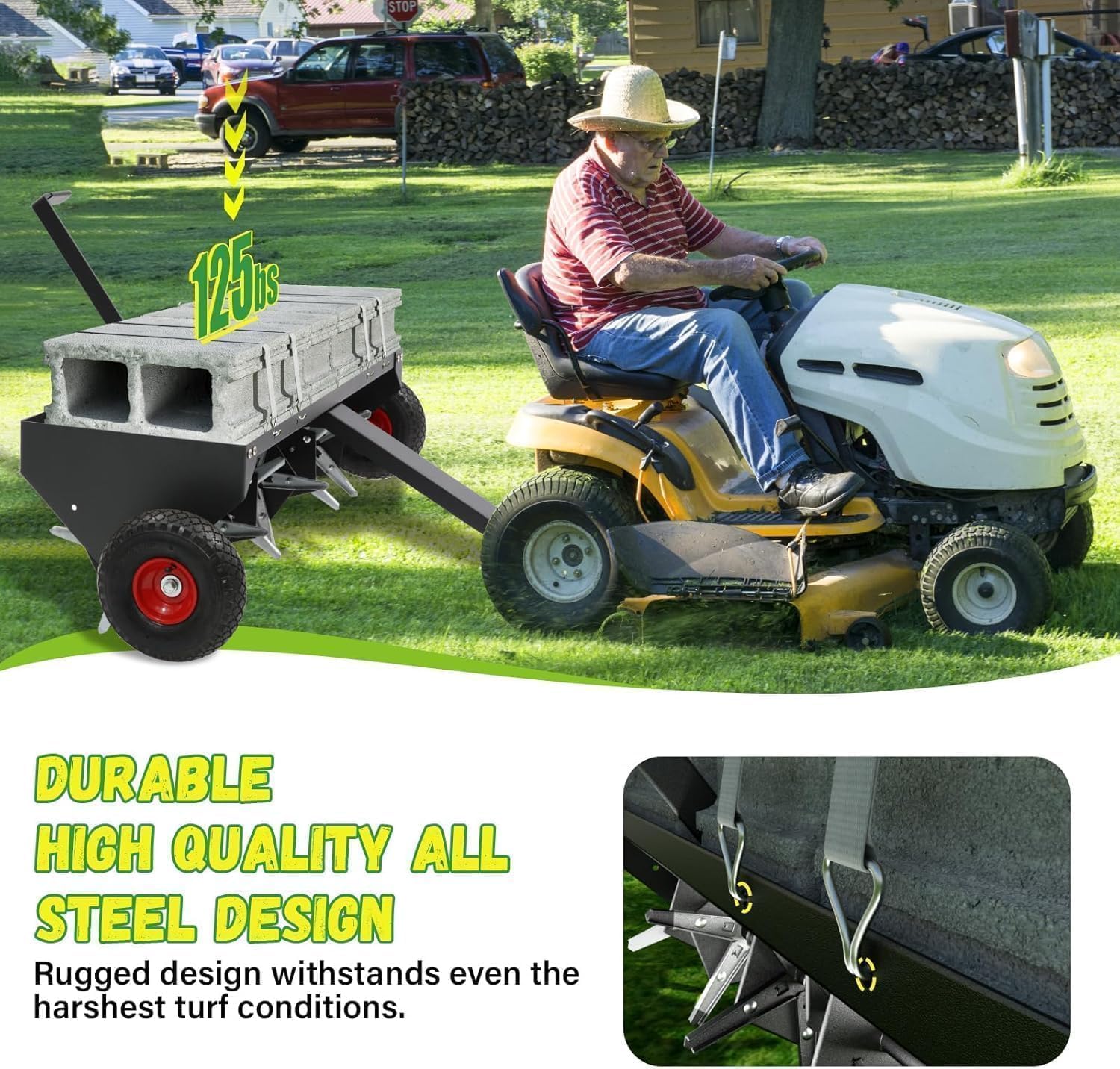 Doniks 48-Inch Tow Behind Lawn Plug Aerator with Universal Hitch, Lawn Aerator Tow Behind with 30 Galvanised Steel Tines,Tray and Inflatable Wheels for Gardens, Lawns, Farms