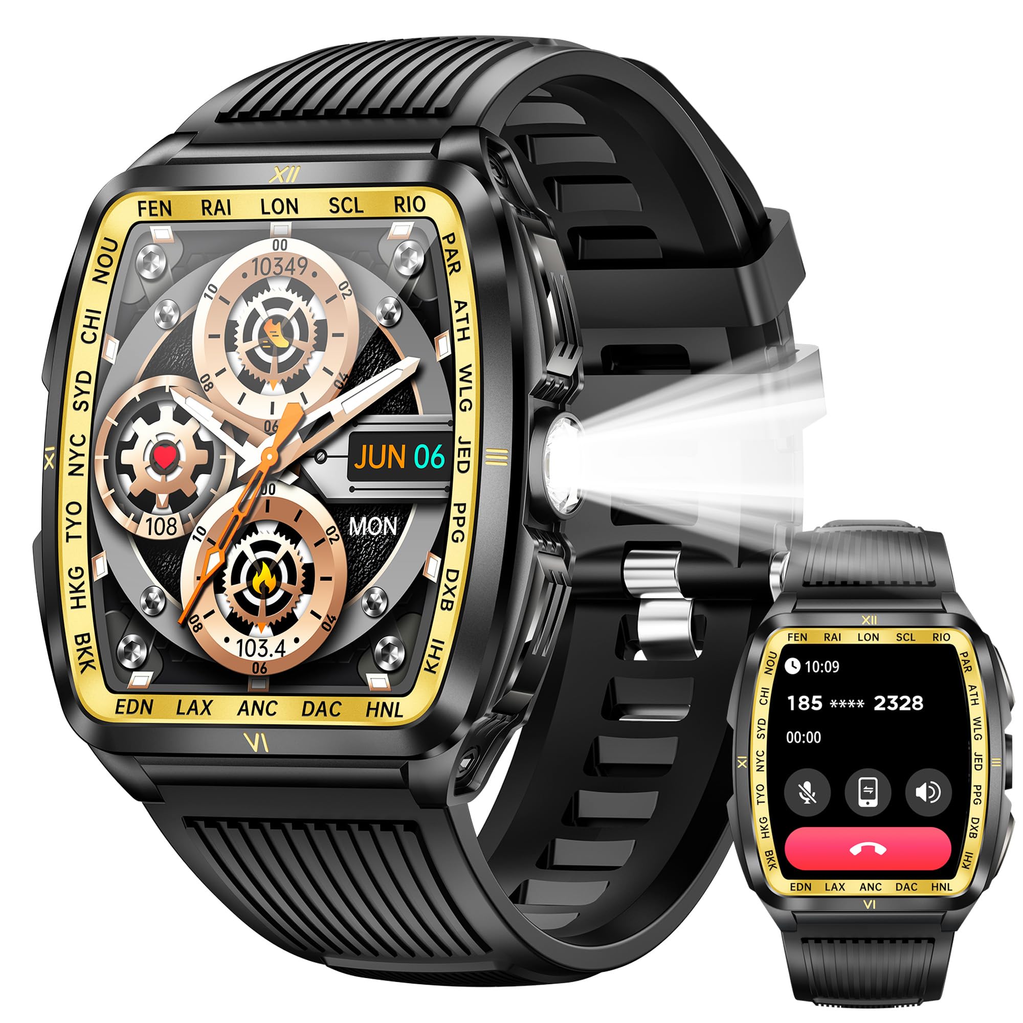 Military Smart Watch for Men with 1 8 HD Barrel Screen Strong LED Flashlight 50M Waterproof 400mAh Rugged