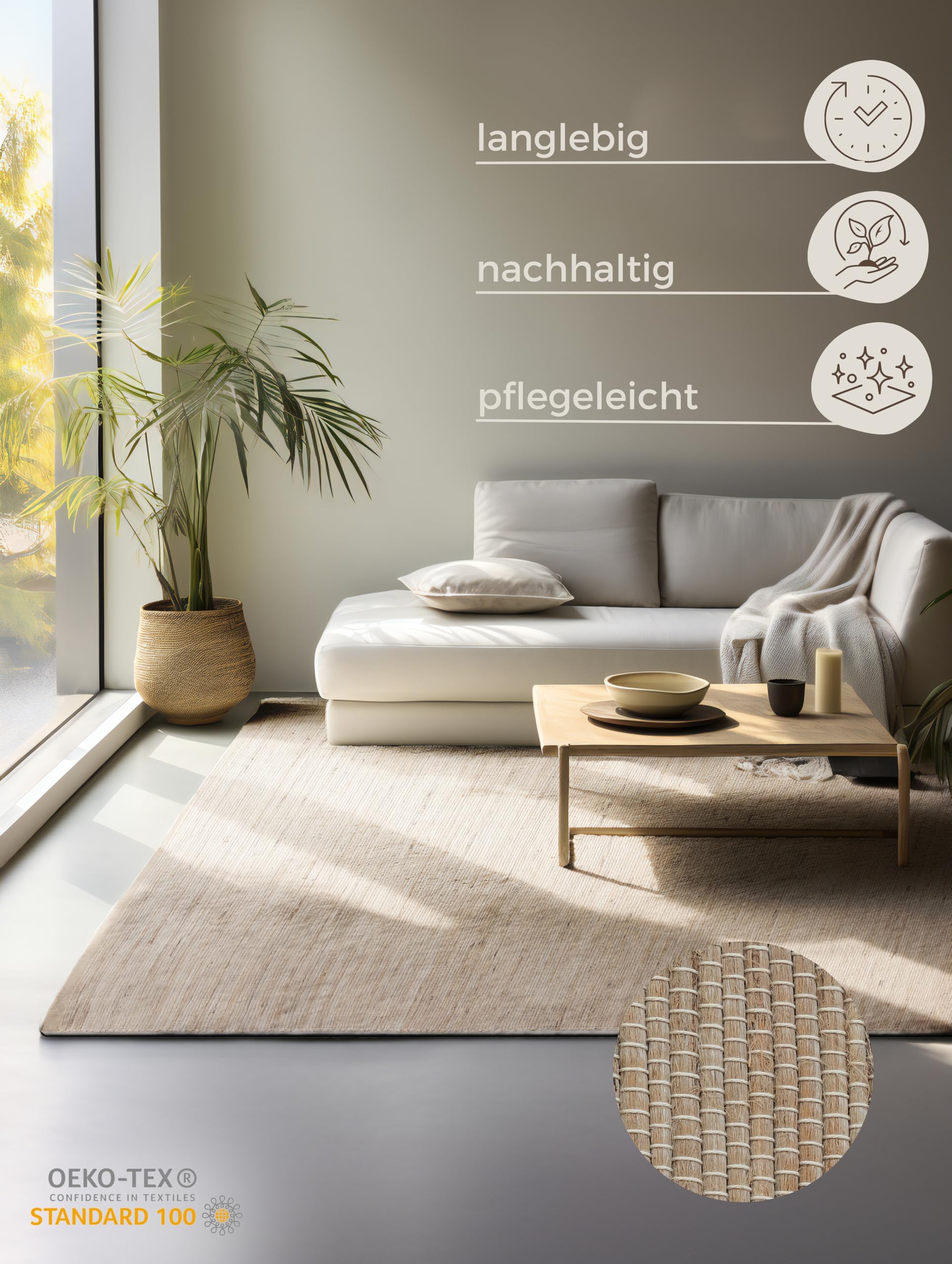 Hanse Home Jute Teppich – Natur Wohnzimmerteppich - Handgewebt & Natürlich – Boho Naturfaser Juteteppich für Wohnzimmer, Schlafzimmer, Esszimmer, Flur, Küche – Naturgold Beige, 120x170cm