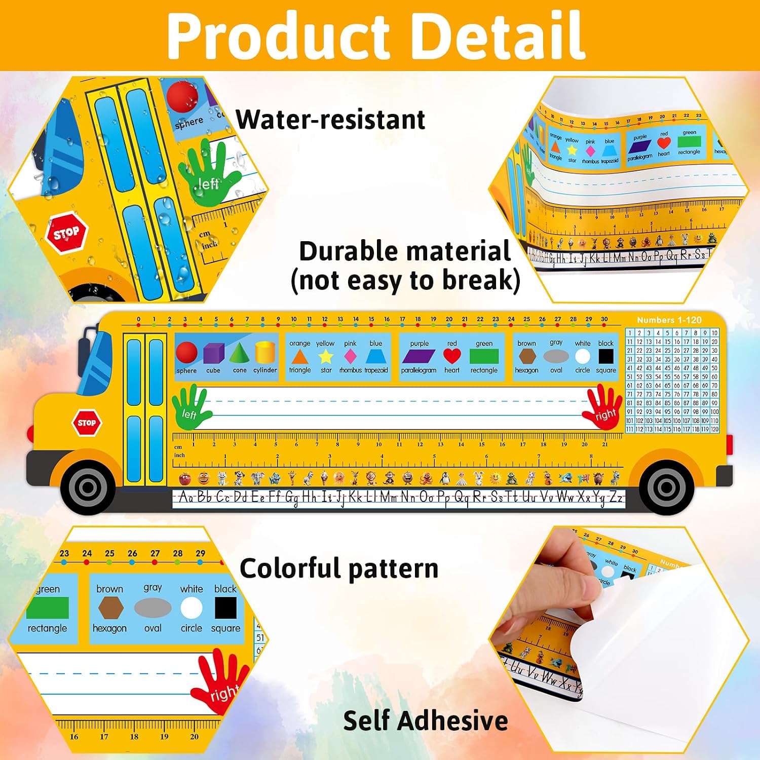 Ceiba Tree 36 pcs School Bus Shaped Desk Name Tags Plates for Classroom Self Adhesive for Student Desks with Alphabet Numbers Colors Shapes Ruler Kindergarten Preschool First Grade 1st 2nd 3rd Grade image 3