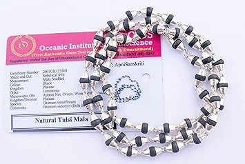 Apnisanskriti Black Tulsi Mala in Silver Designer Caps (5 mm, 55 Beads, Certified) - Natural Black Tulsi Beads - Pure Silver - Pack of 1