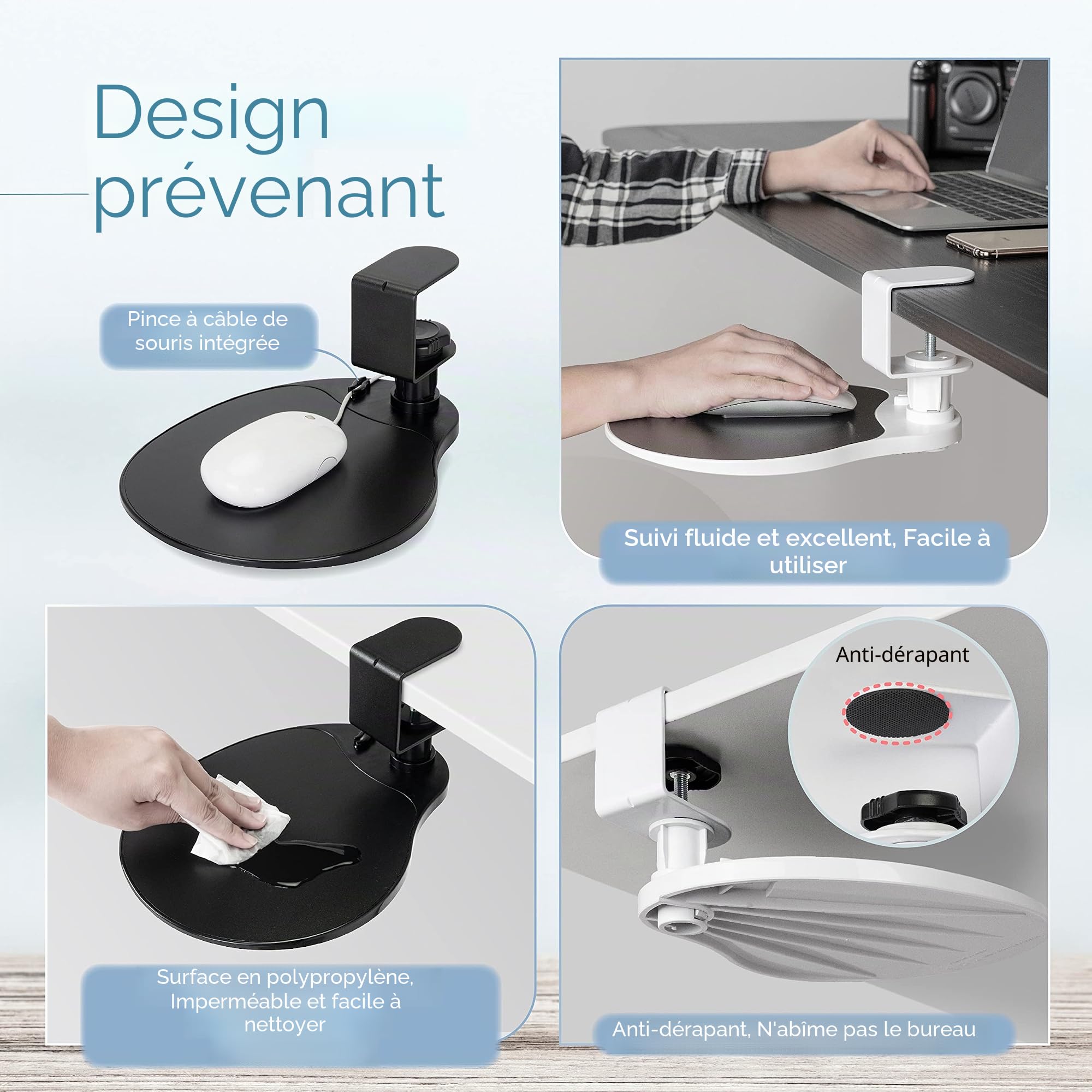 EHO Plateforme de Souris rotative à 360 degrés avec Pince, Support Ergonomique pour Plateau de Souris, Plateau escamotable, pour Bureau de 3,8 cm d’épaisseur, Rangement Domestique (Noir)