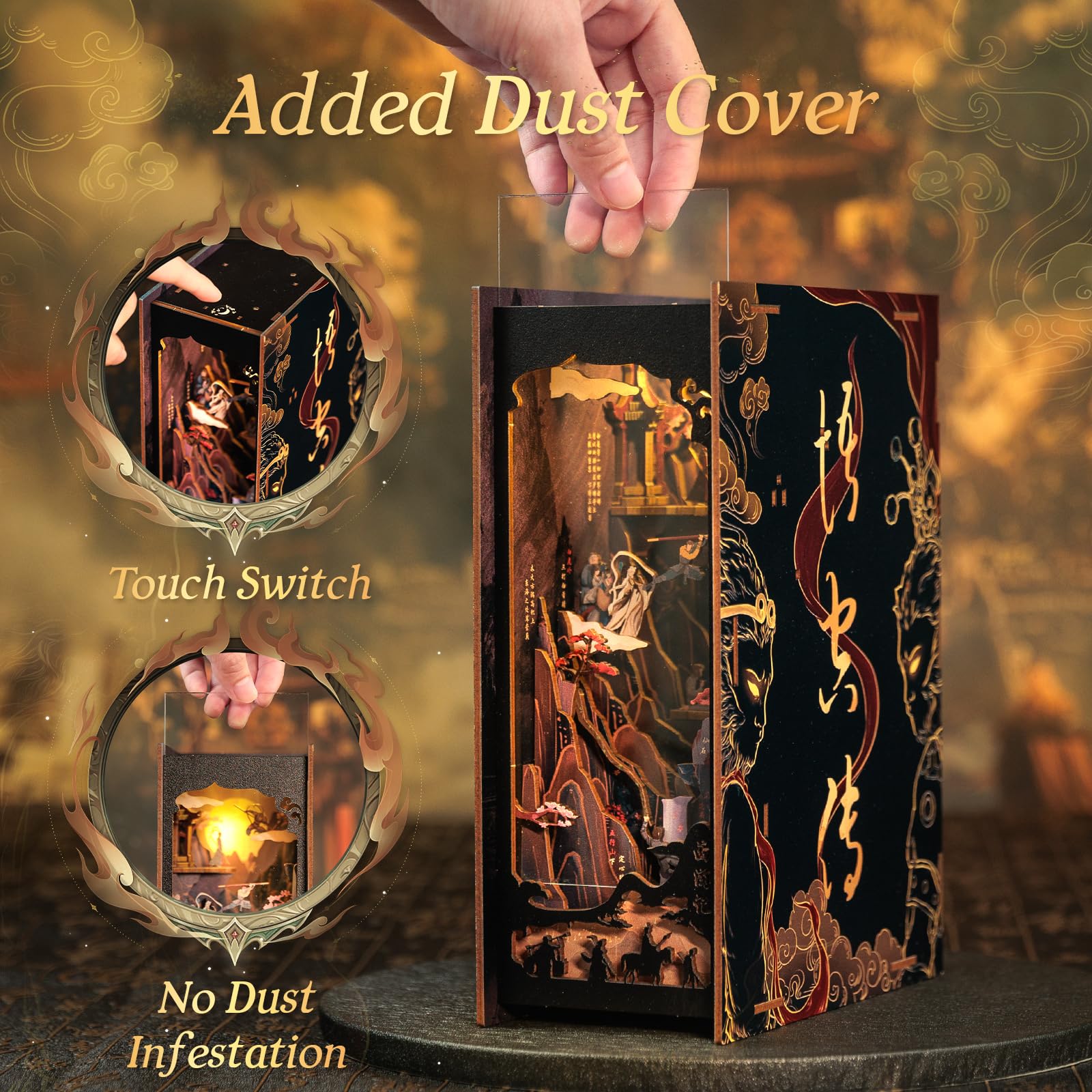 Cutefun Book Nook Kit – Casa delle bambole Kitaus in legno, The Legend of WU Kong, fai da te in miniatura, casa delle bambole, libreria, case, set di modelli con luci a LED, decorazione per libreria