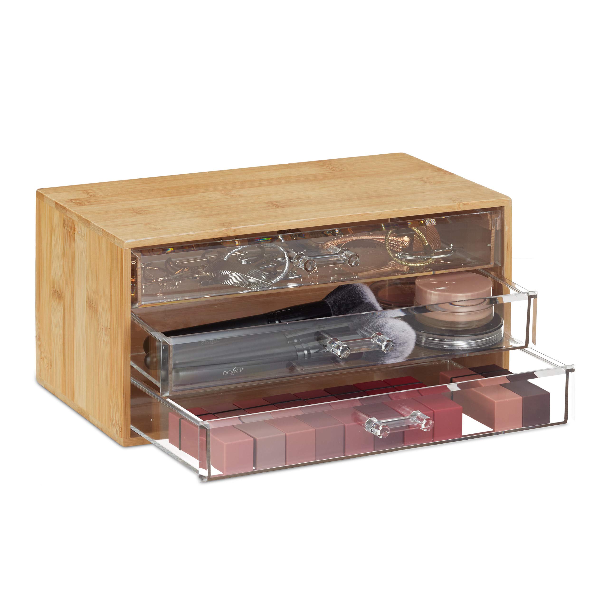 Relaxdays Neceser de maquillaje, Tres cajones, Organizador de mesa, Bambú, 15x30x17,​5cm, 1 Ud., Marrón