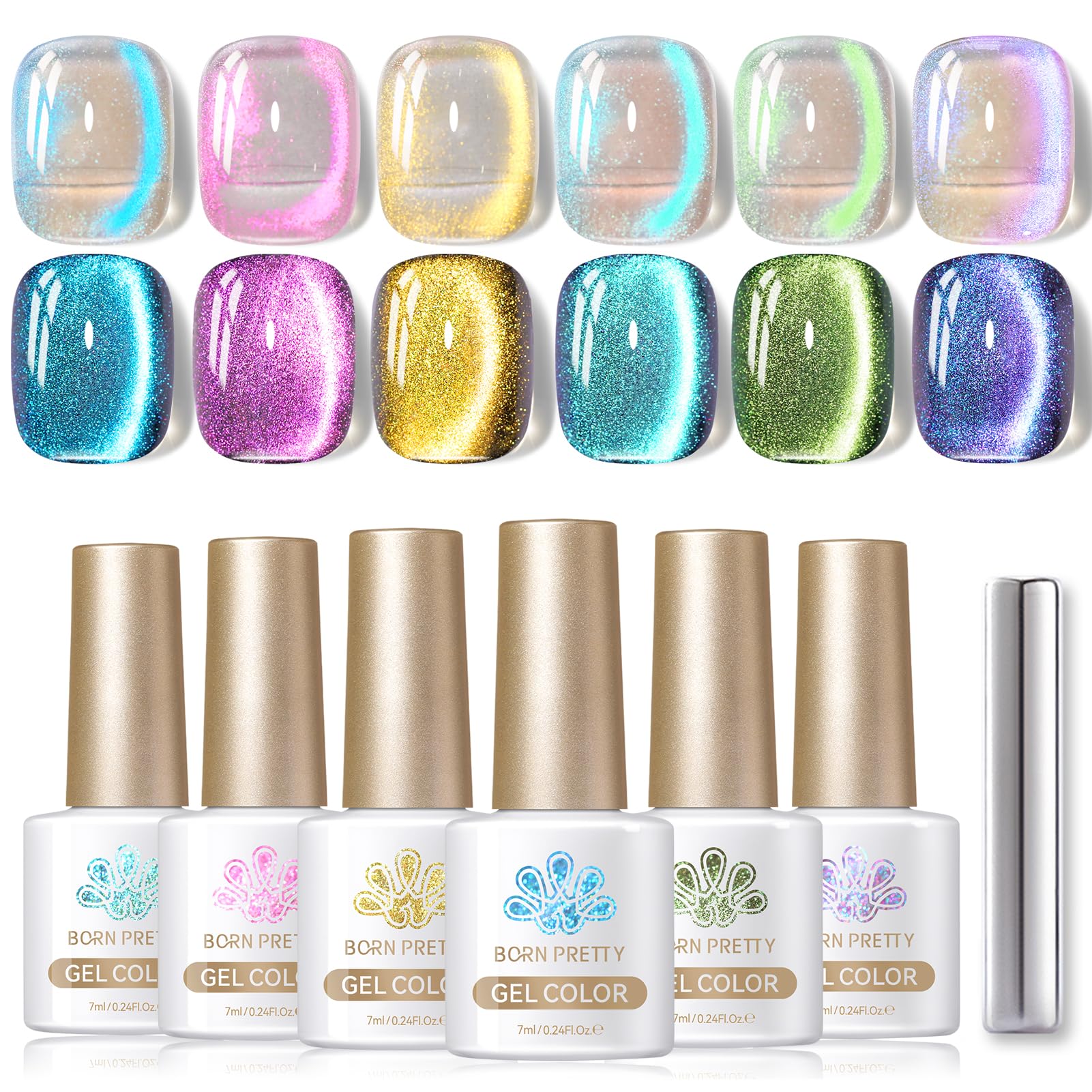 Born PrettyCat Magnetic Eye Gel Nail Polish Aurora Mermaid Blue Purple Pink Yellow Red Gel Polish Glass Holographic Glitter Gel Nail Polish for Nail Art Manicure Salon DIY 6PCS 7ML