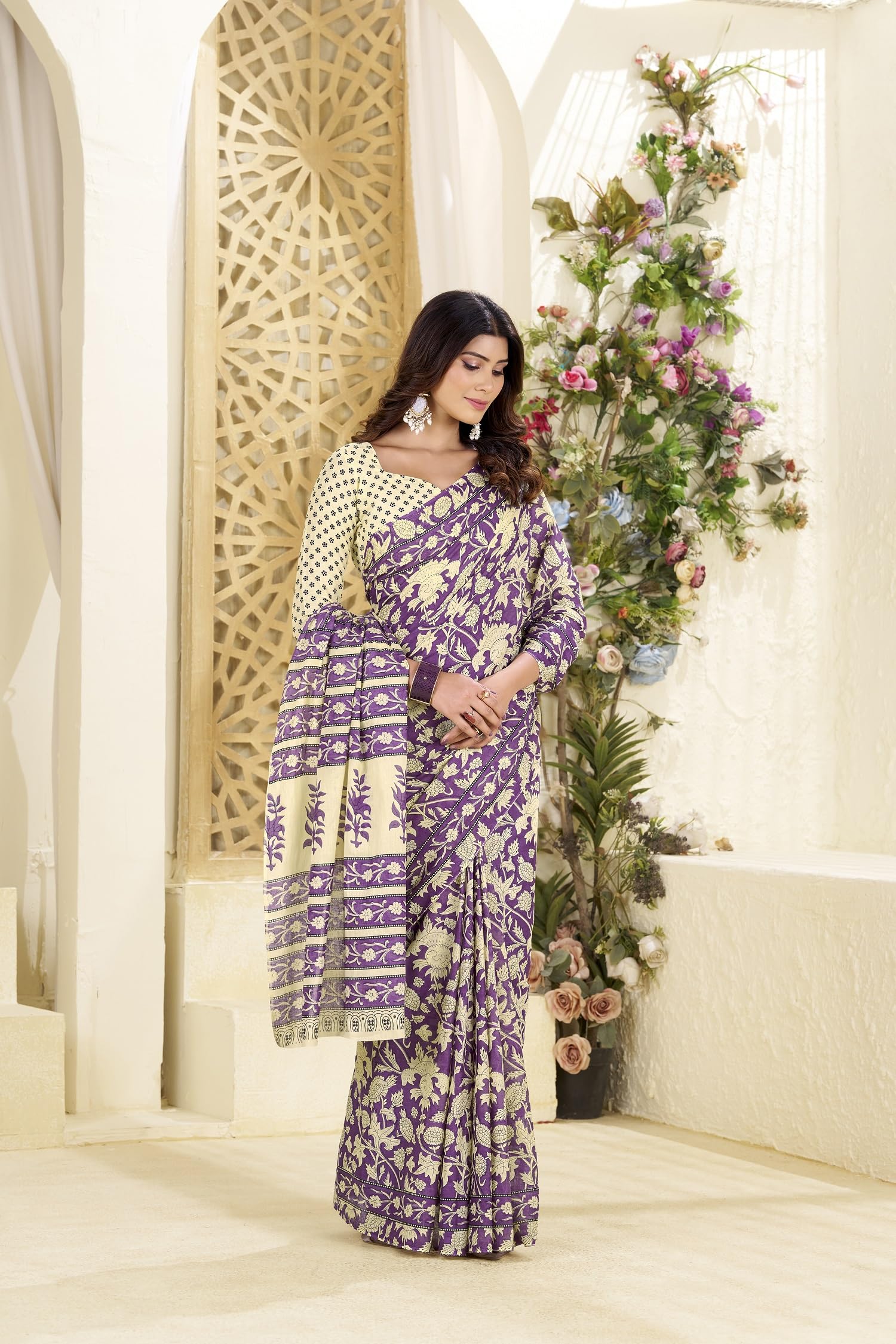 Kalaanj Sari für Damen || Bedruckter Baumwoll-Sari mit Bluse (KALSS25SAR-2101-2104)