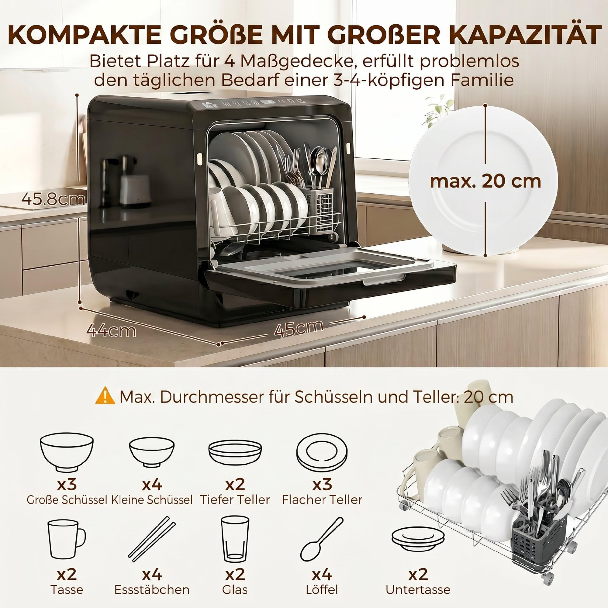 HOMCOM Mini Geschirrspüler Freistehend Tischgeschirrspüler mit 4 Maßgedecke 5 Programmen Trocken Funktion 6L Wassertank Touch Control LED Anzeige Spülmaschine mit/ohne Wasseranschluss für Camping