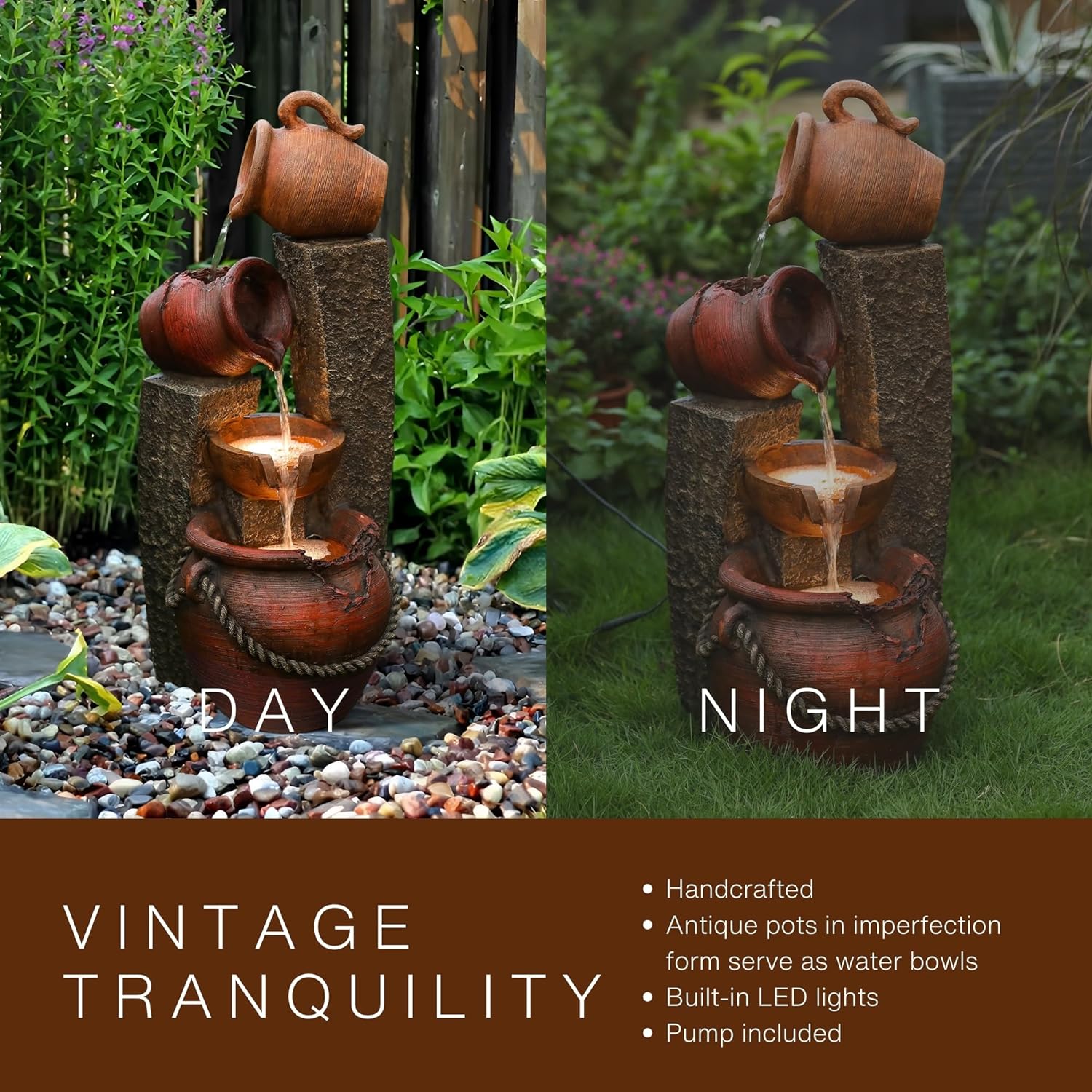 Rustic Brown Poly Resin 3-Tier Outdoor Fountain with LED Lights
