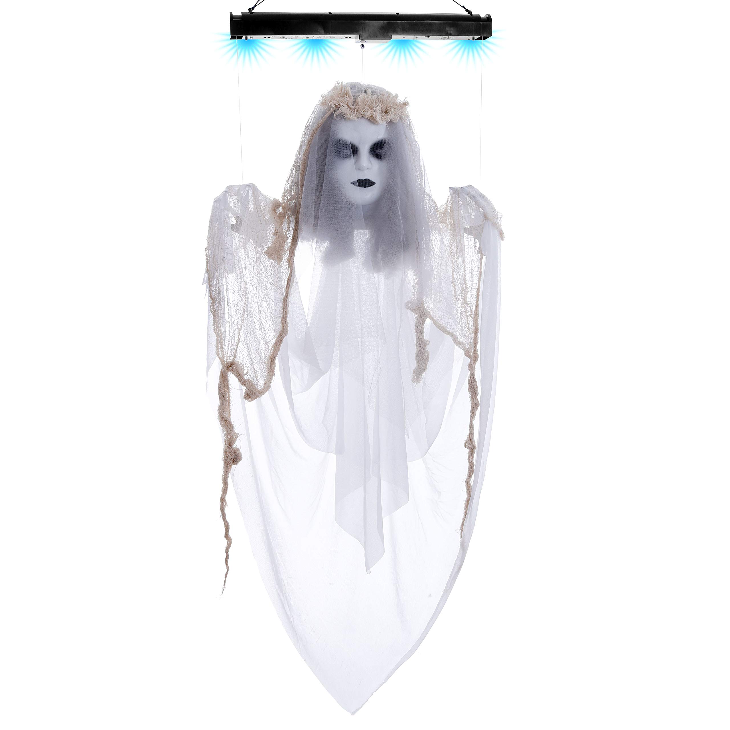 Halloween Haunters Animated 4 Foot Hanging Floating Scary White Ghost Lady Prop Decoration - Arms & Head Float Up & Down, Scary Laugh, Blue Lights - Haunted House Graveyard Entryway - Battery Operated