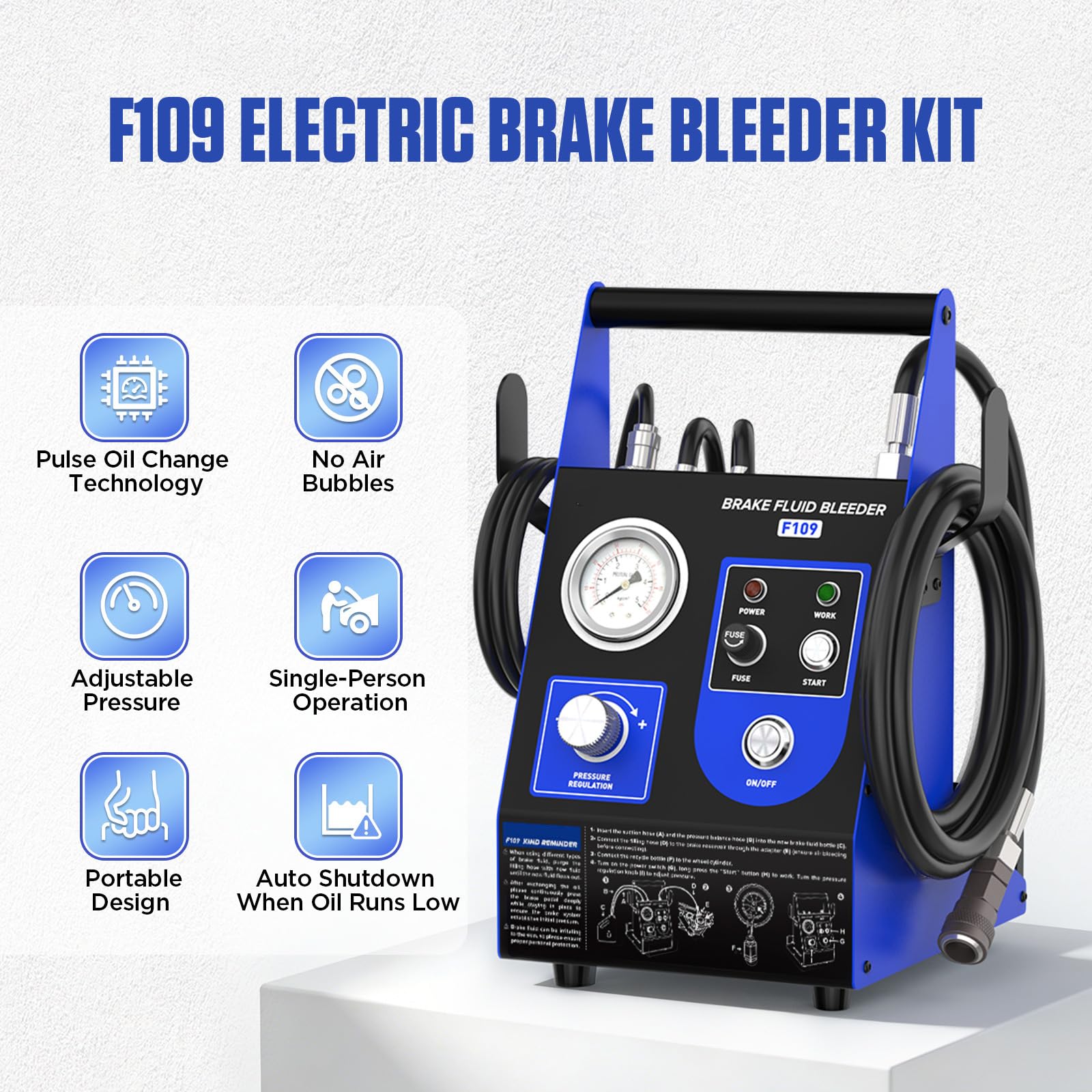 F109 KFZ Bremsenentlüftungsgerät Elektrisch Automatisches Bremsenentlüftungs Set mit 9 Adaptern, 1,6 L/min Durchfluss, luftdichte Vakuumbefüllung, präzise Druckregelung für VW, Mercedes, BMW, Opel