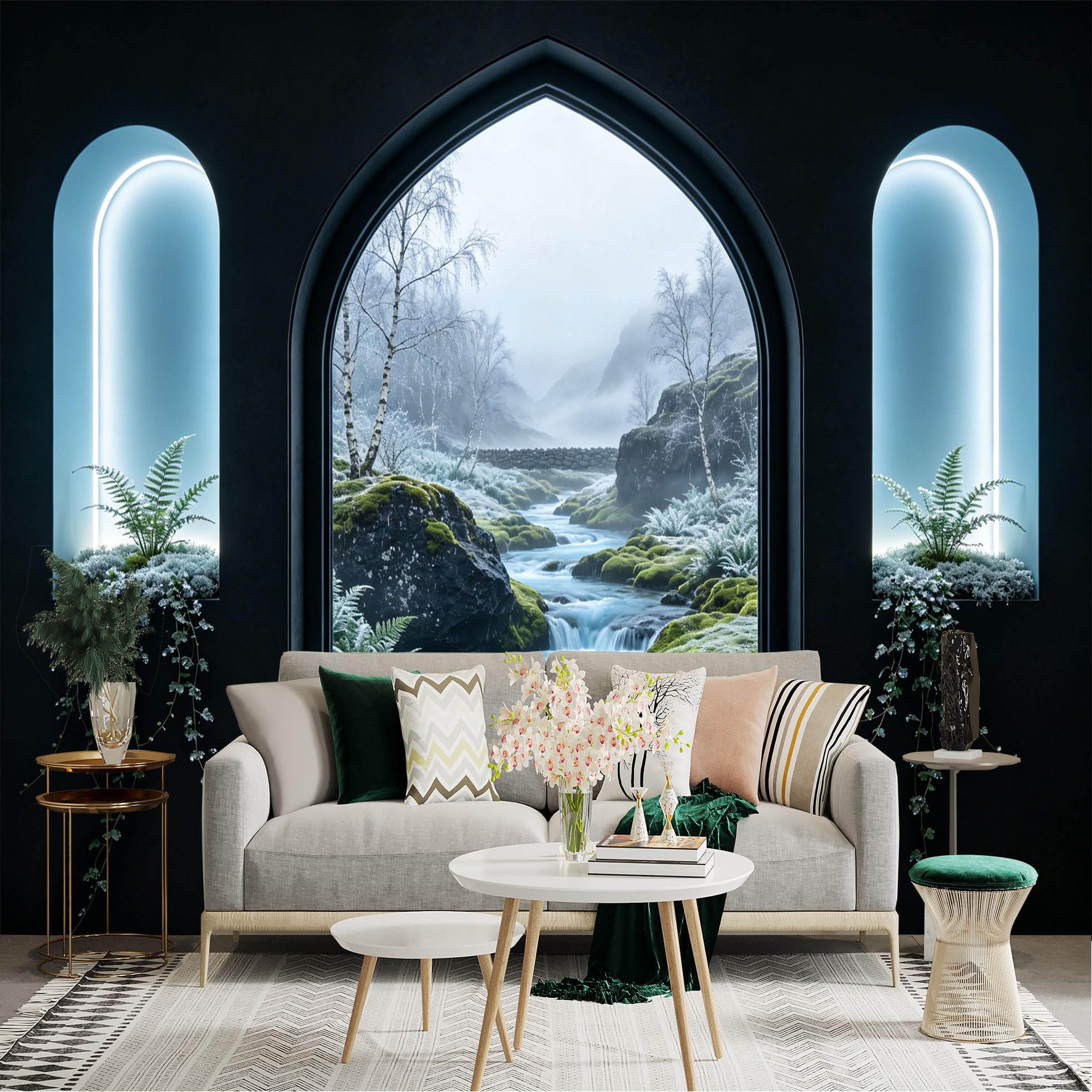 Lnzczhyre Dbh260521823 Custom Size Wall Sticker Mural， Frosty River Landscape， Mossy Rocks， Misty Mountains， Winter Scenery， Serene Nature View， For Wall Decoration， Peelandstick Wall Decals.