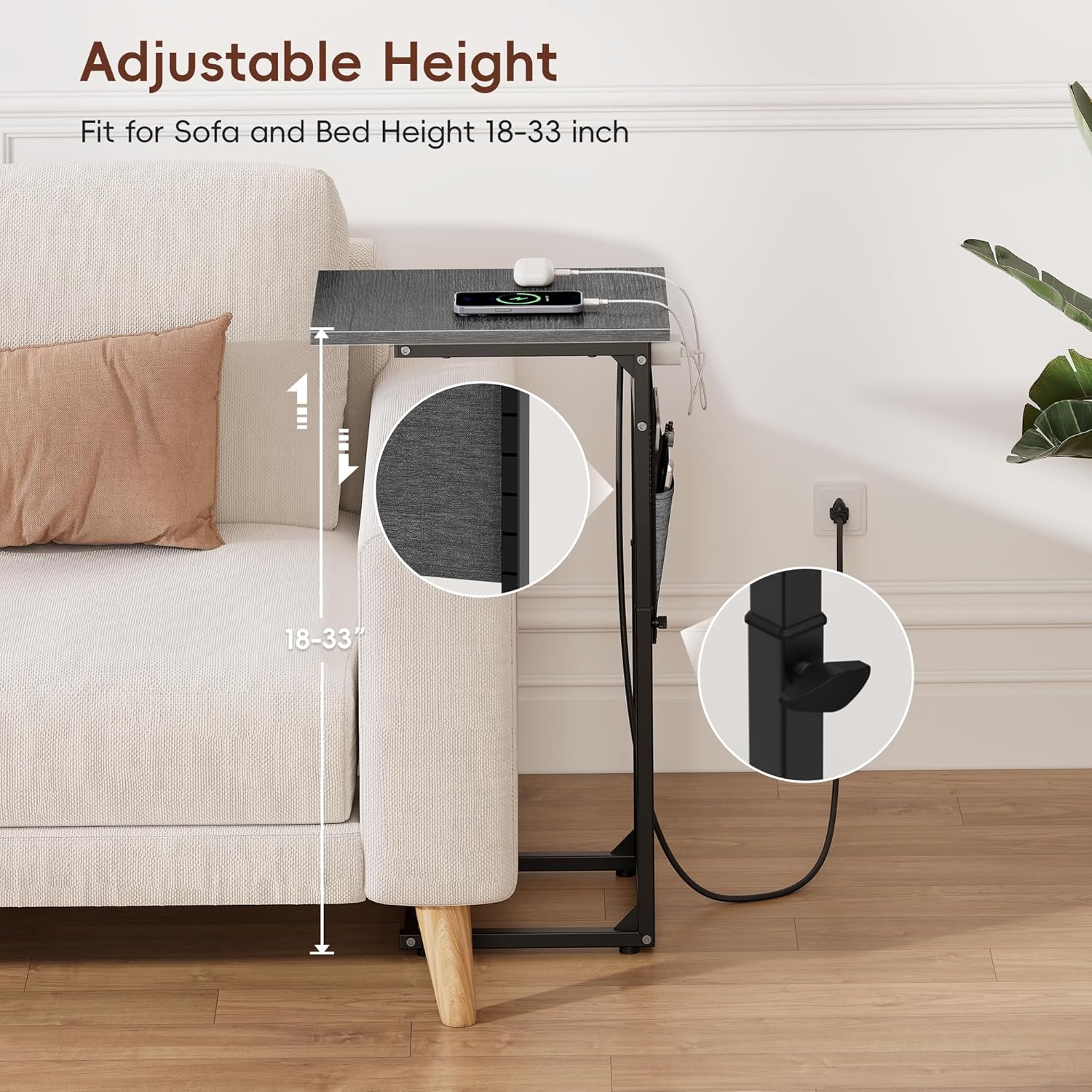 Vagusicc C Shaped End Table with Charging Station, C Table End Table Adjustable Height, Small Side Table for Couch, Sofa Table Slide Under Couch TV Tray Arm Table for Living Room, Bedroom, Gray Walnut