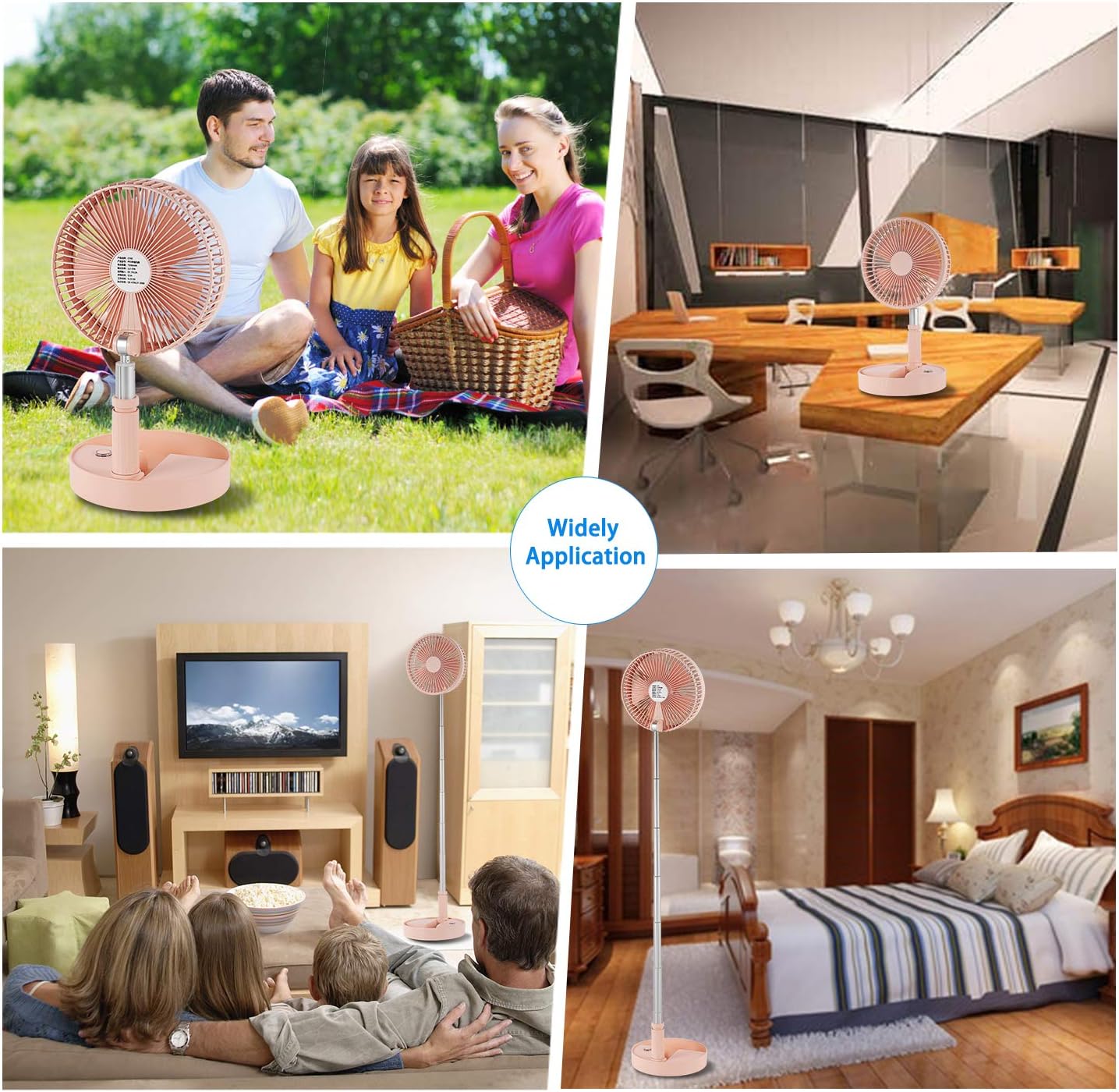 Height Adjustable Folding and Portable Fan Rechargeable Battery Operated Fan with 4 Speeds Strong Wind Mini Fan for Home Office Travel, Camping, Battery Powered Fan, Car Fan 7200mAh(5-24h)-Pink