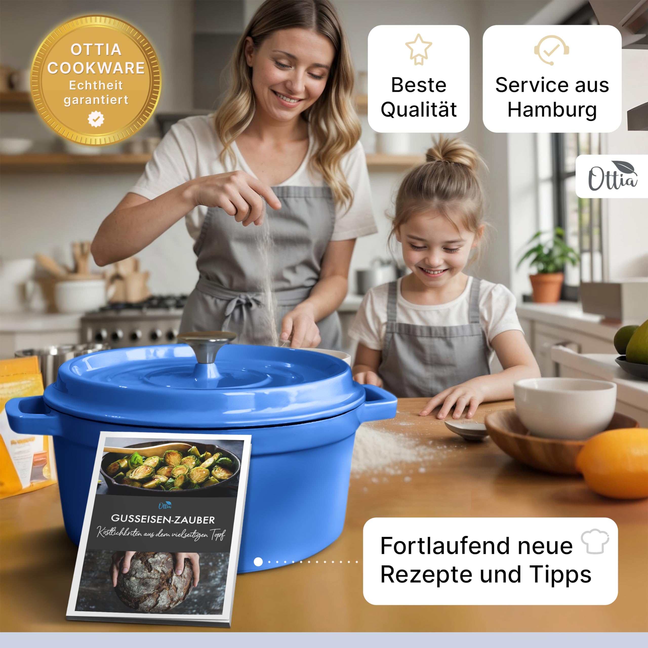 Ottia Pentola in Ghisa, 22 cm, 3 Litri, Smalto Premium, Casseruola per Brasati con Coperchio, Pentola in Ghisa, Dutch Oven, Teglia per Pane, Pentola per Pane, Adatta a Tutti i Tipi di Piano di Cottura