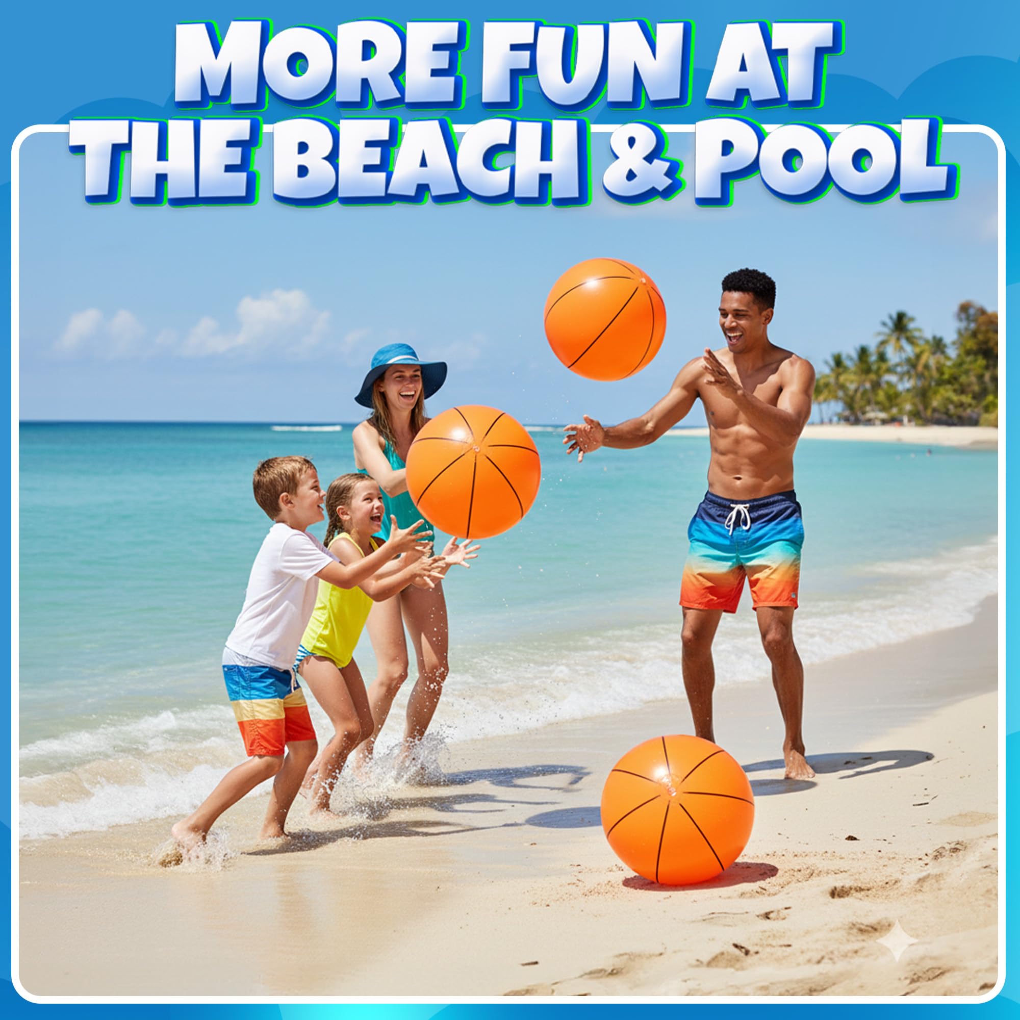 Pelotas inflables de playa de baloncesto (paquete de 6) – Pelotas de playa inflables de PVC duraderas de 16 pulgadas para niños, fáciles de inflar, juguetes de piscina de verano al aire libre