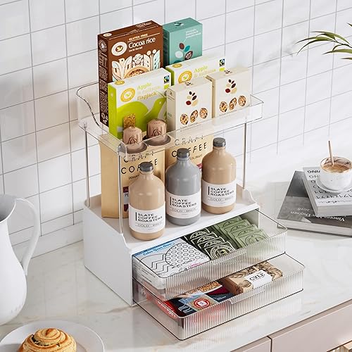 Vista 25 de Delamu Organizador y almacenamiento de baño, 2 niveles y 2 cajones, organizador de maquillaje, fácil de instalar, ideal para encimera de baño