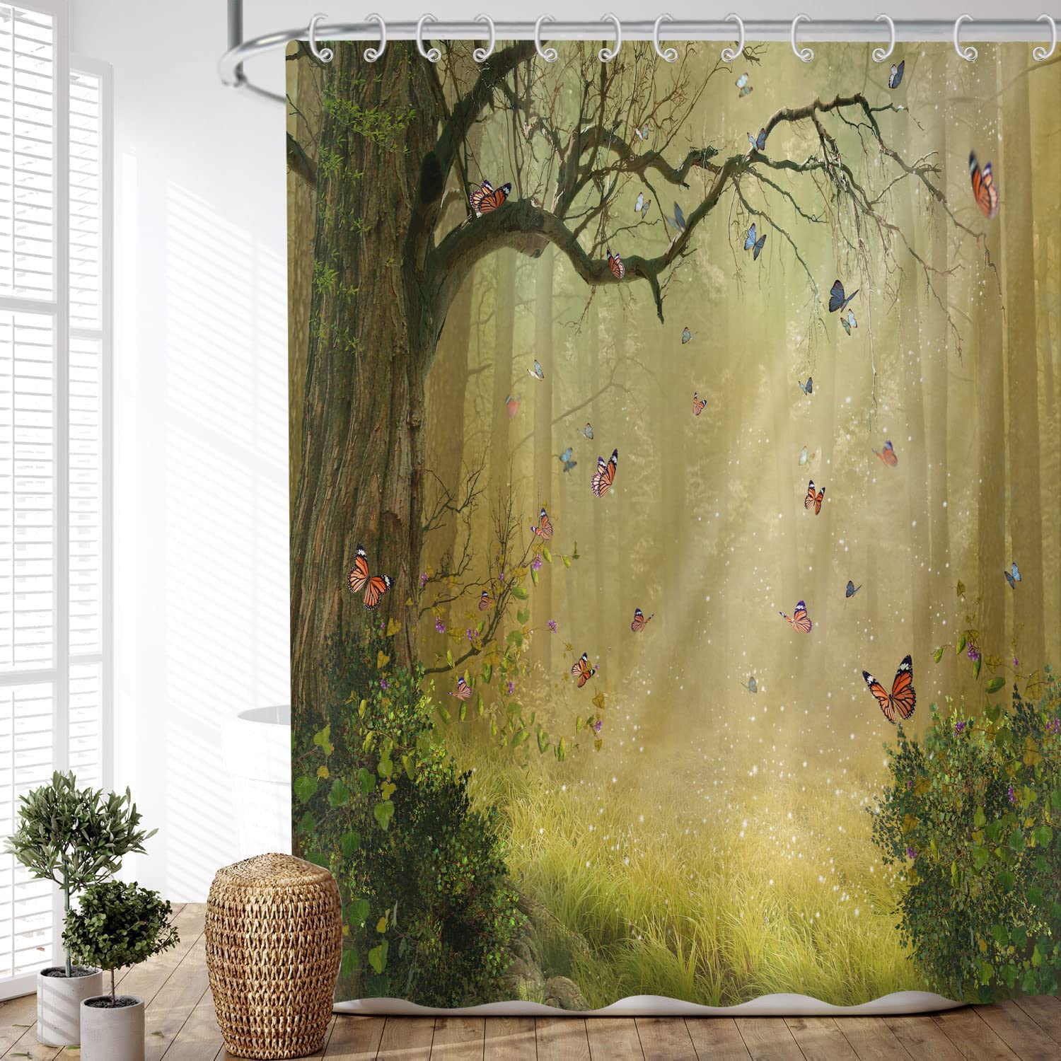 ASDCXZ Shower Curtain Forest 90x180 cm, Natural Landscape Green Forest Sunshine Motif Waterproof Textile Bath Shower Curtains Washable Polyester Fabric Shower Curtain for Bathtub with 6 Hooks — image 1
