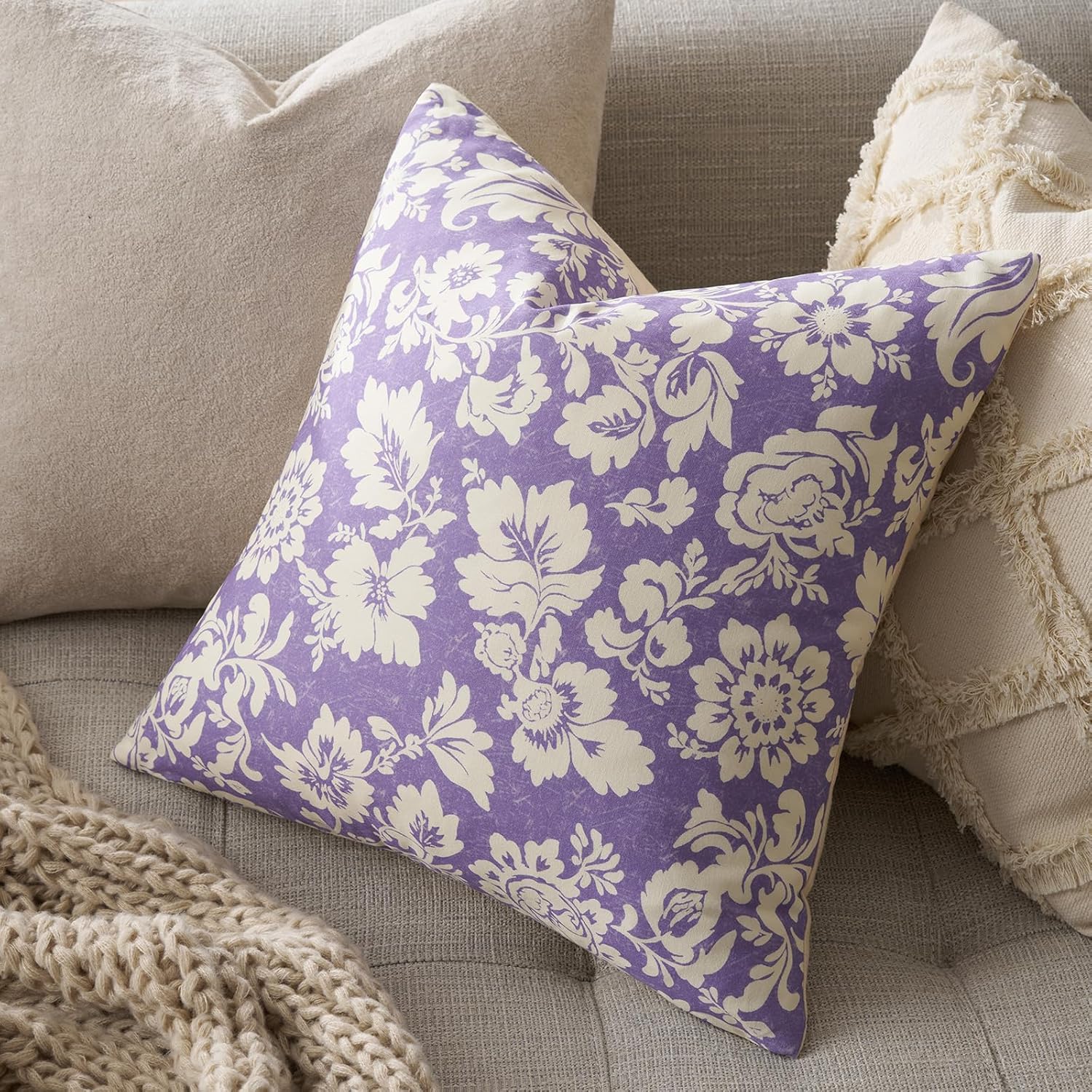 Vintage Floral Pillow Covers 20x20：Purple Throw Pillow Covers Decorative — Neutral Modern Farmhouse Patterned 100% Cotton Cushions Accent Covers for Couch Sofa Bed Living Room Pillowcases Set of 2