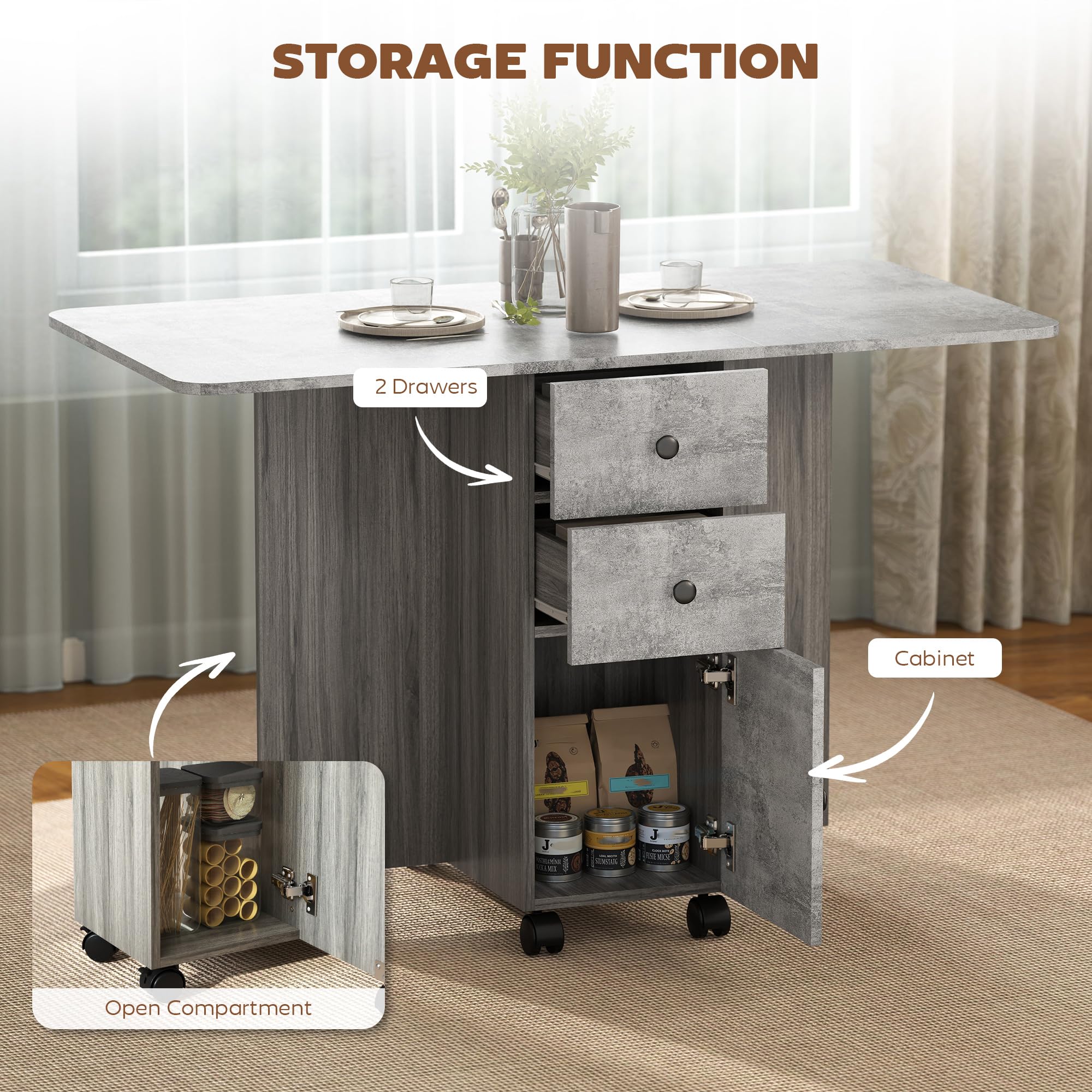 HOMCOM 60-120 cm Folding Dining Table for 4-6, Rolling Drop Leaf Table on Wheels with Storage Drawers, Cabinet and Open Shelf for Small Spaces, Kitchen, Dining Room, Flat, Grey Marble Effect — view 6