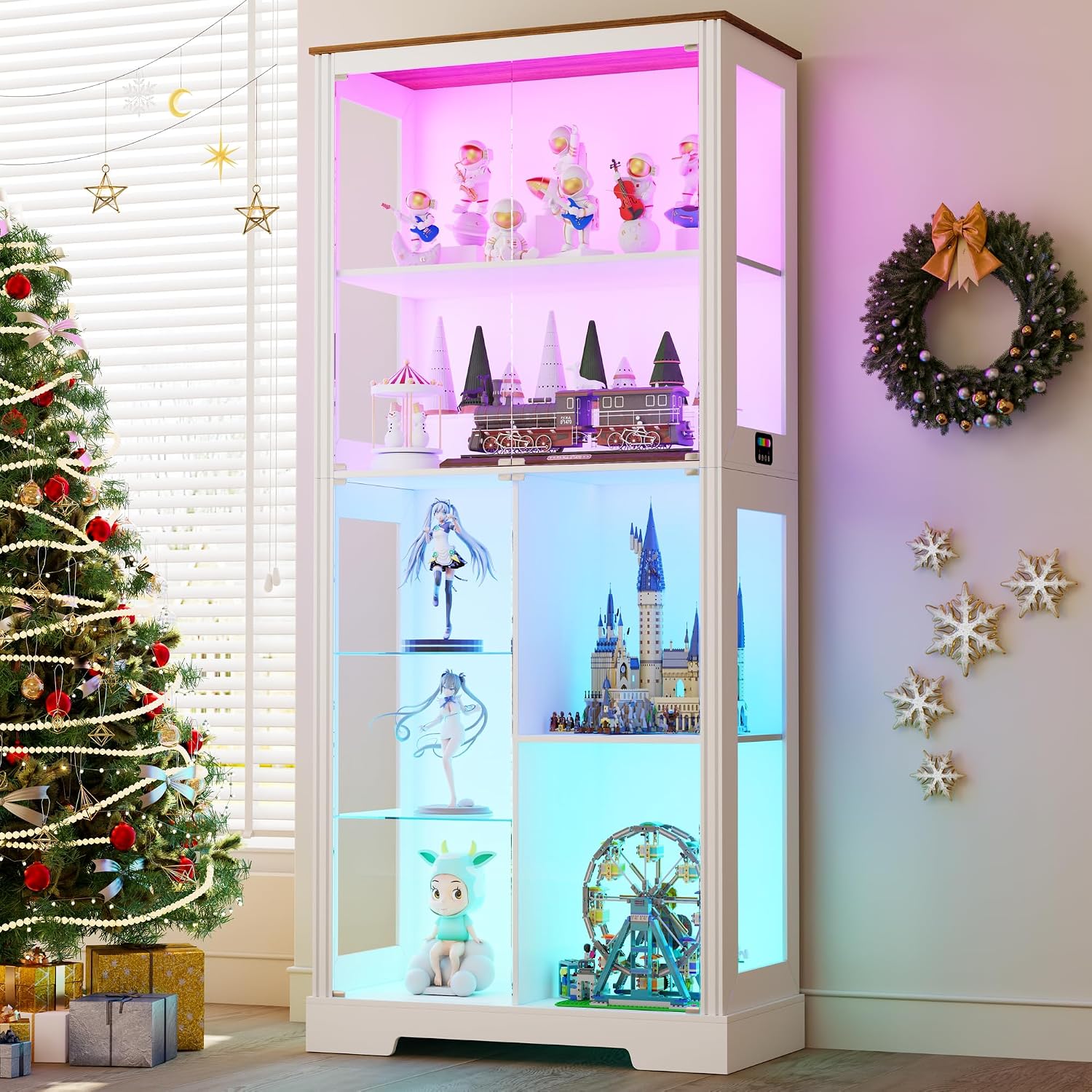 Lvifur Display Cabinet with Glass Doors – 71” Tall Curio Cabinet with RGB Lights for Collectibles, LED Display Case with 7-Tier Shelves for Book/Medal/Figure for Living Room (White)