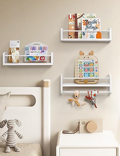 Miniatura 2 de Maxpeuvon Estantes flotantes para pared de guardería, juego de 3 estantes de libros de madera natural, organizador montado en la pared con toallero,