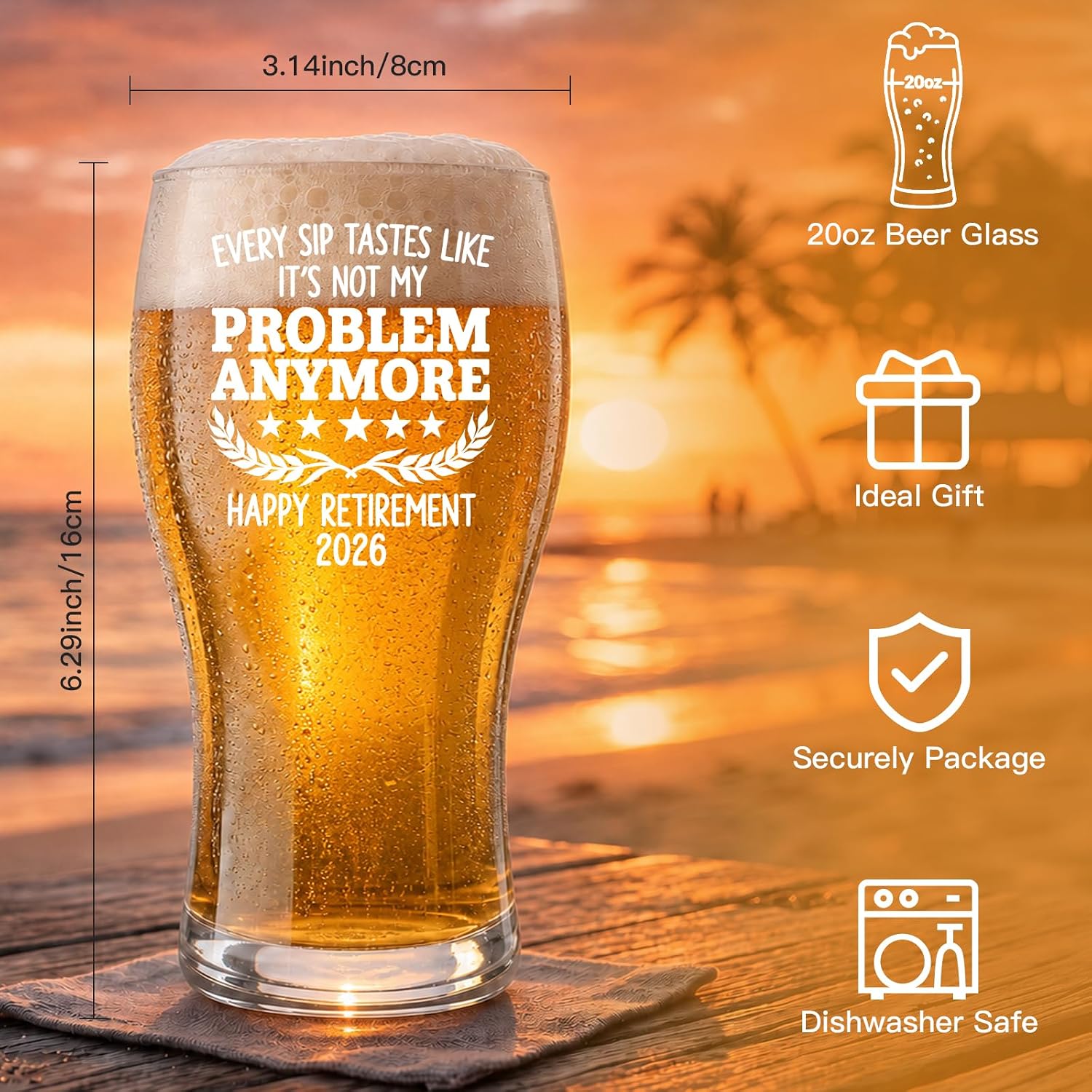 Retirement Gifts for Men 2026 – Funny 20oz Beer Glass with Crown Sash,Retirement Gifts Ideas for Him, Dad, Husband, Friends,Coworker Leaving,Farewell Gifts