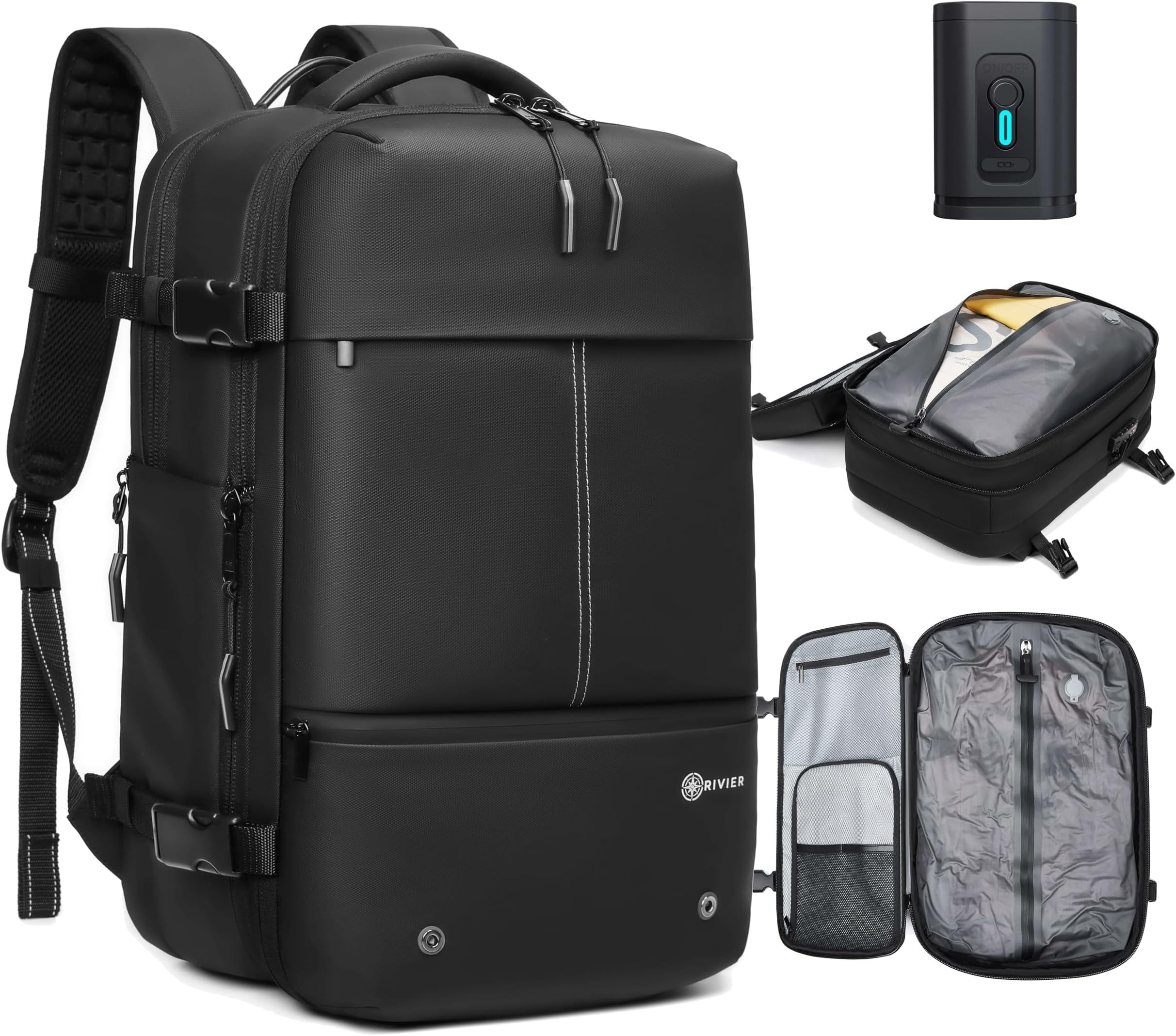Orivier Laptop Travel Backpack Expandable With Vacuum Compression And Pump, Personal Item Carry On Bag with Anti Theft Lock, Water Resistant, Flight Approved 17 Inch Laptop, Men Women, Vacpack