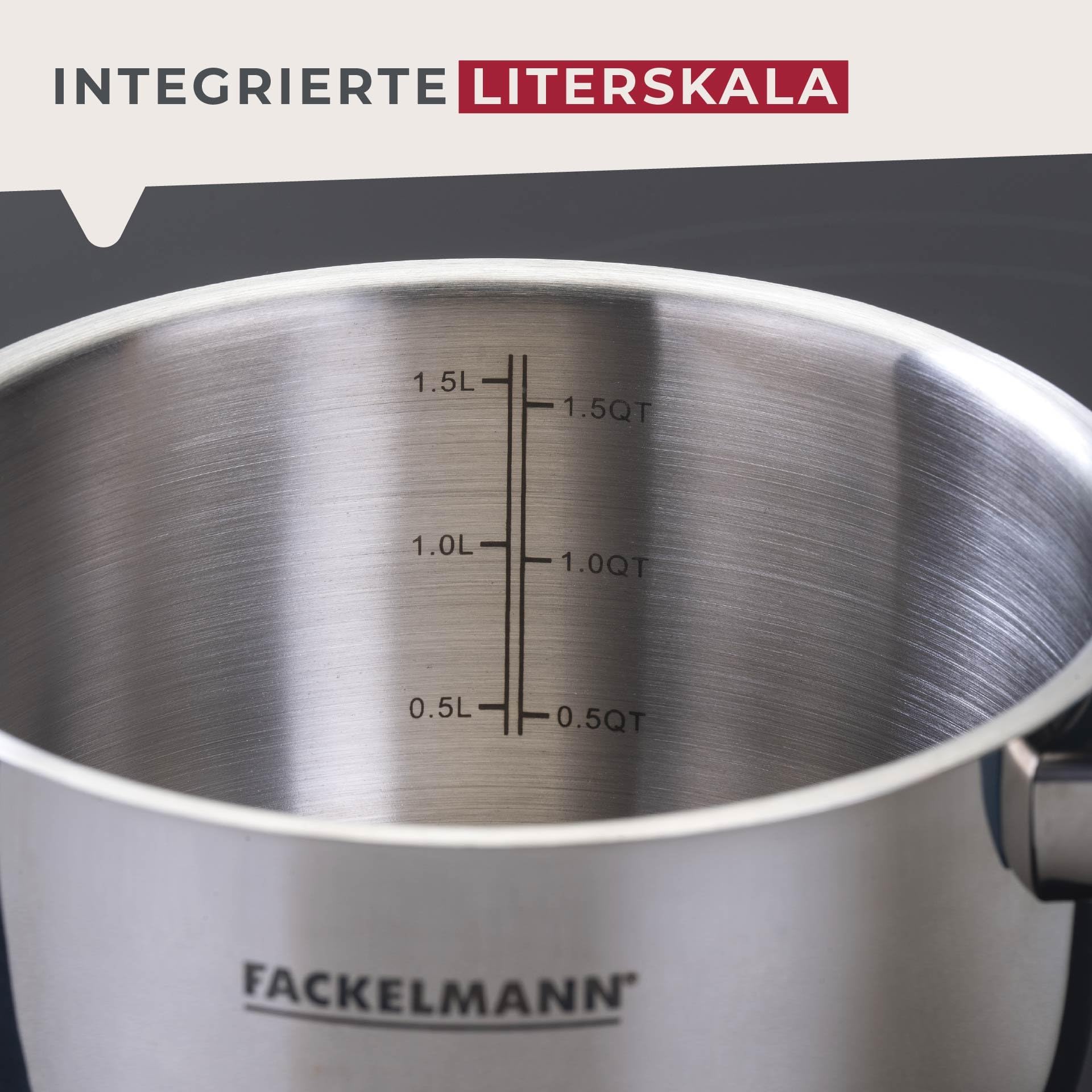 Fackelmann Pentola Essential Ø 16 cm, in acciaio inox, con manici ergonomici in bachelite, adatta a tutti i piani cottura, con scala litro