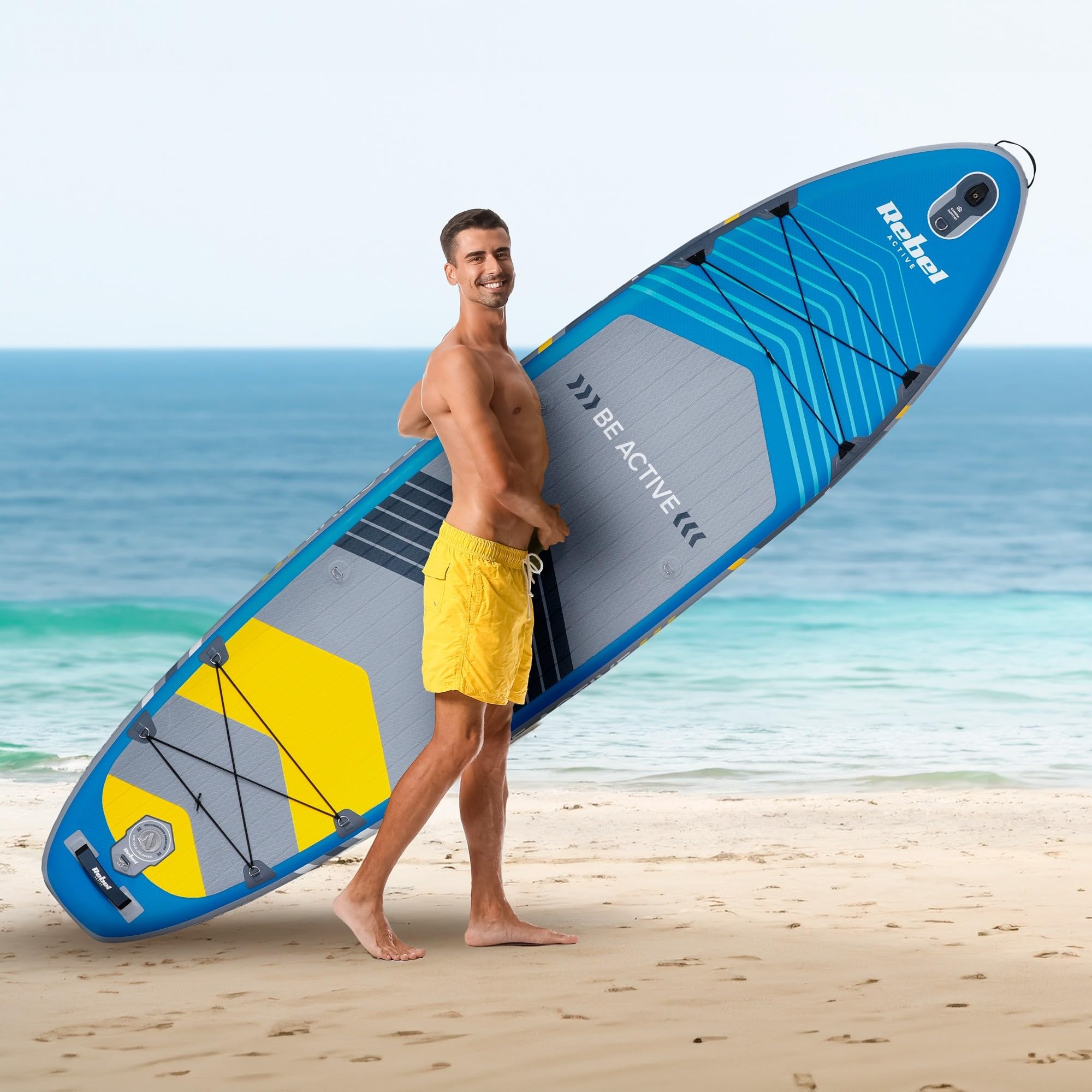 Rebel Brett SUP gepumpt mit Schwimmsitz Drop-Stitch 335 cm Set Paddel Pumpe Rucksack RBA-4507-BL