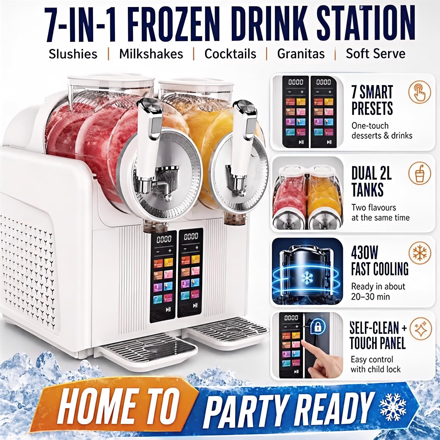 Máquina De Granizados De 430 W, 2 L*2, con Temperatura Ajustable, Pantalla LED, Autolimpieza Y 7 Funciones para Preparar Bebidas Frías: Helados, Frappés, Batidos Y Margaritas Frías. White