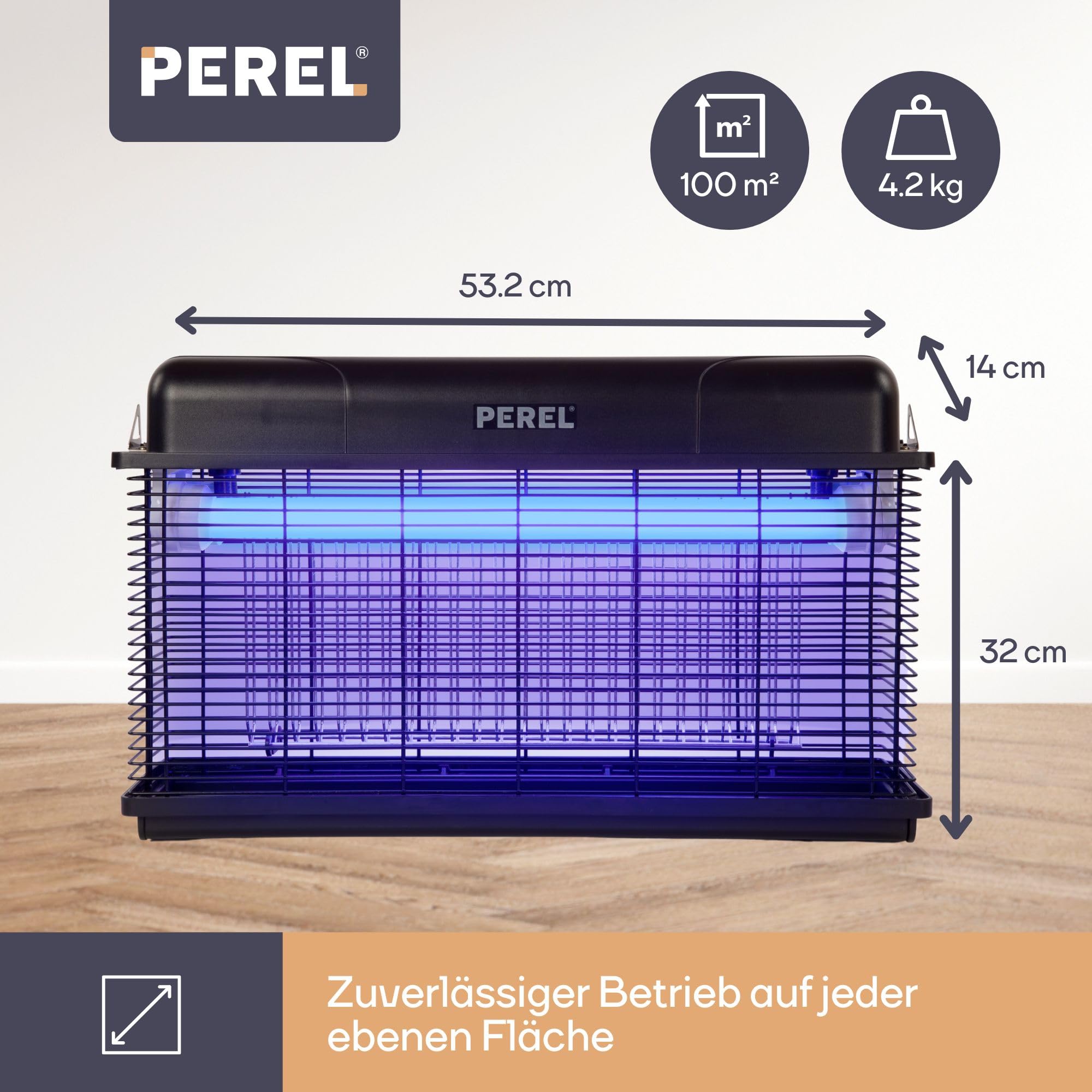 Perel Elektrischer LED UV Insektenvernichter, 3000V Hochspannungsgitter, IPX4 spritzwassergeschützt, abnehmbare Auffangschale, 100 m² Abdeckung, leistungsstark für Innen und Außen