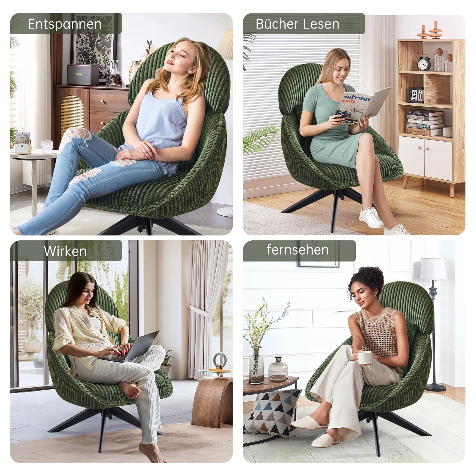 Loungesessel Sessel Wohnzimmer 360°Drehbar, Ohrensessel Armlehnstuhl Polsterstuhl mit dickem Abnehmbares Wurfkissen, Lesesessel Relaxsessel für Wohnzimmer Schlafzimmer Büro, Grün