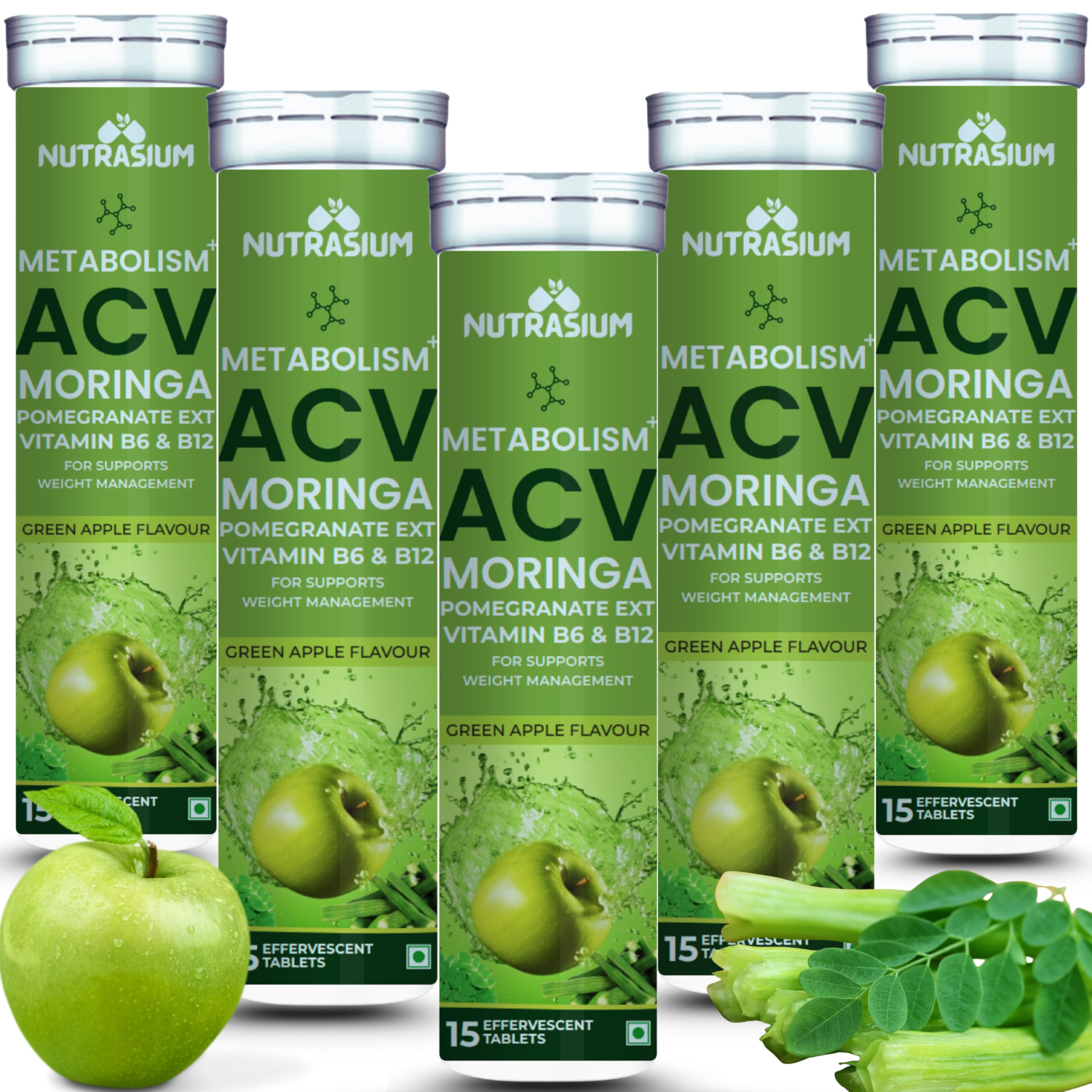 Nutrasium ACV Moringa Metabolism Plus | For Supports Weight Loss, Control Cravings, Convert Fat Into Energy, Boost Energy & Immunity | 75 Tablets Pack of 5X15