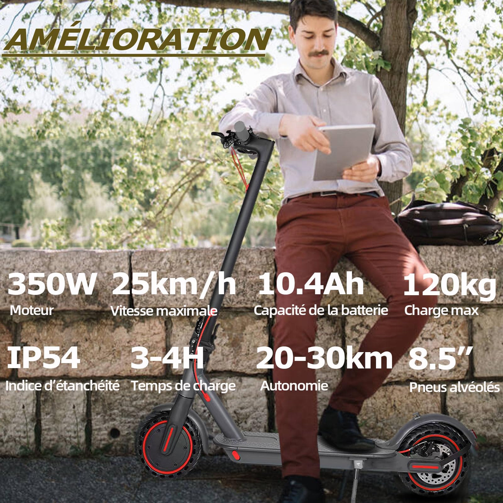 Trottinette Électrique Adulte 350W/25KM/H Autonomie 30KM,Trotinette électrique Pliable, Pneus Nid d’Abeille Increvables 8,5",Trottinette Electrique Adolescents Double Frein,APP,Charge 120kg Escooter